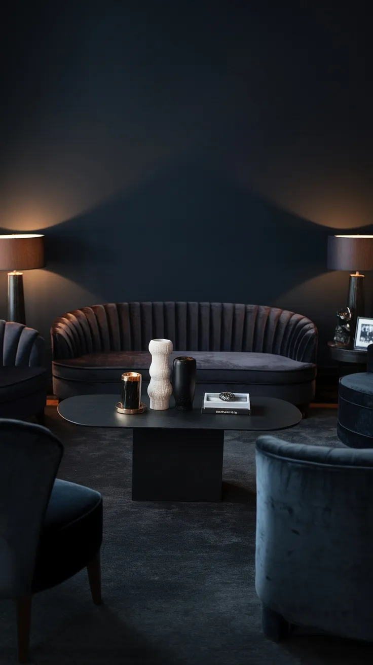 A stylish dark moody living room featuring a black coffee table, velvet seating, and soft lighting.