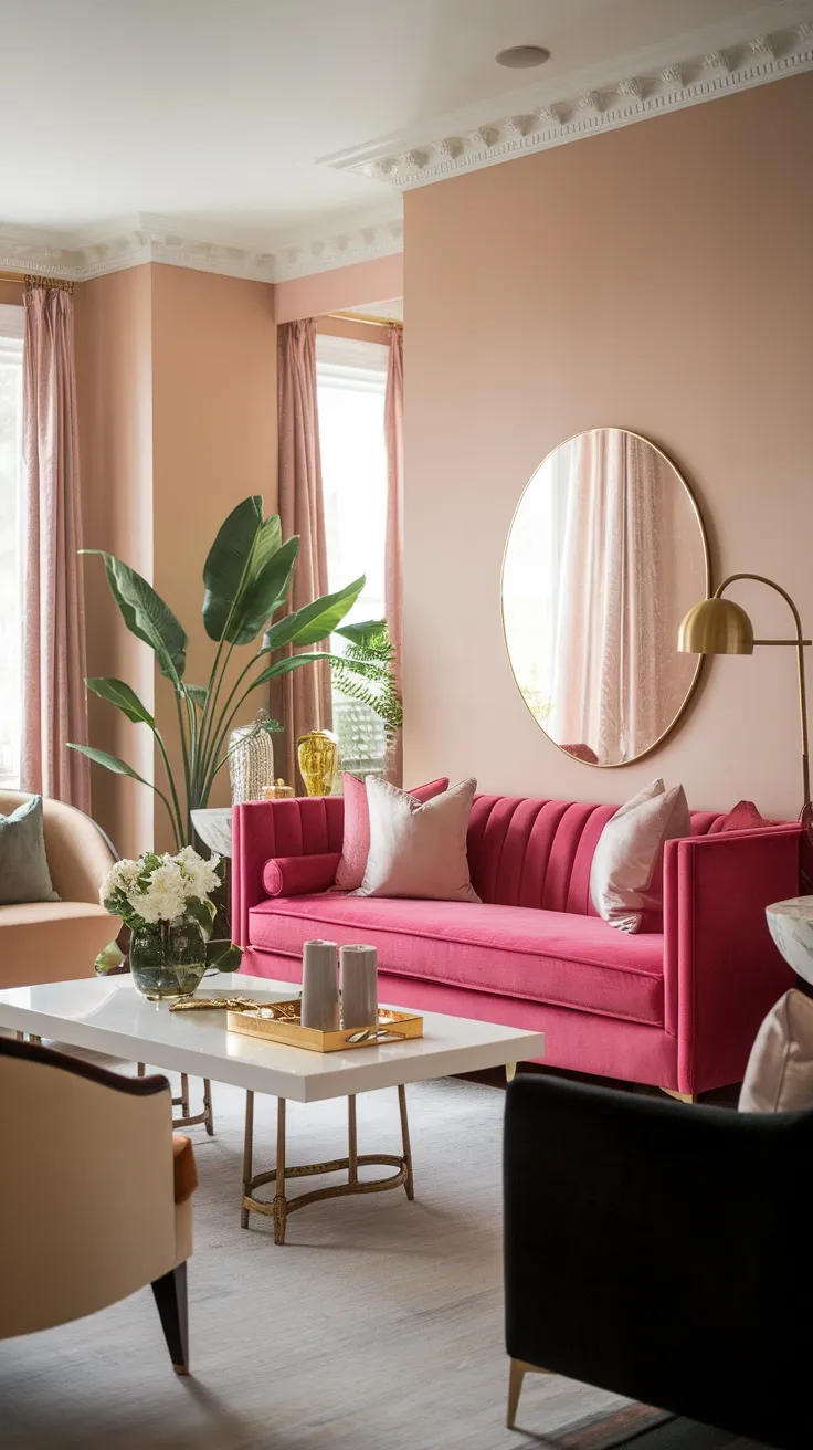 A beautifully decorated living room featuring a bold pink sofa, soft peach walls, elegant mirror, and plants.