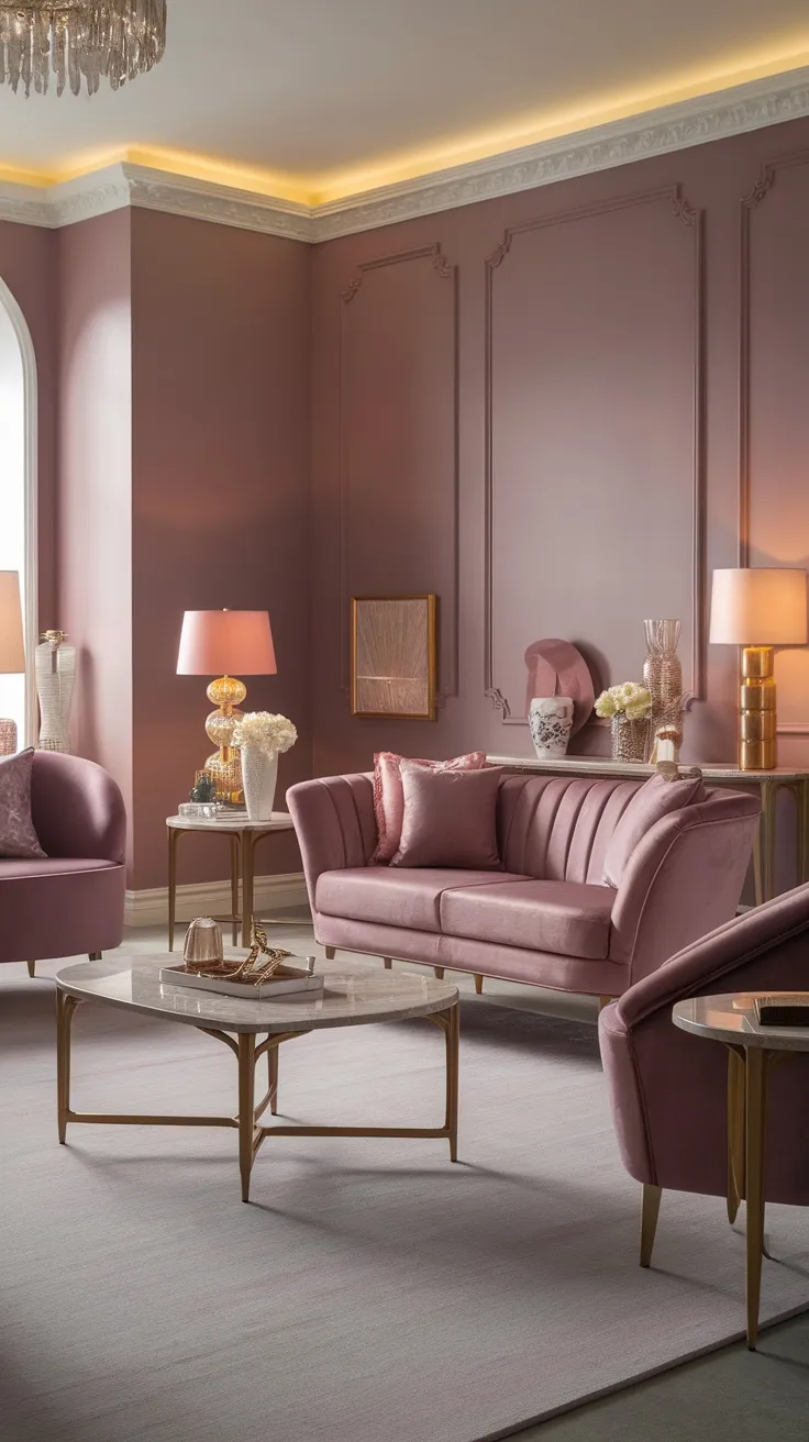 A stylish living room featuring dusty rose and mauve shades with elegant furniture.