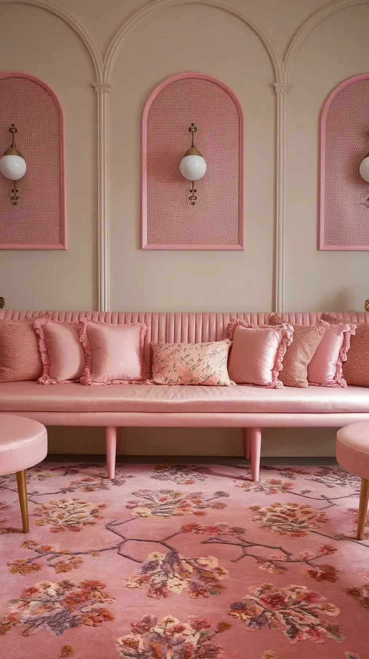 A pink living room featuring a floral patterned rug, pink couch with decorative pillows, and wall accents.
