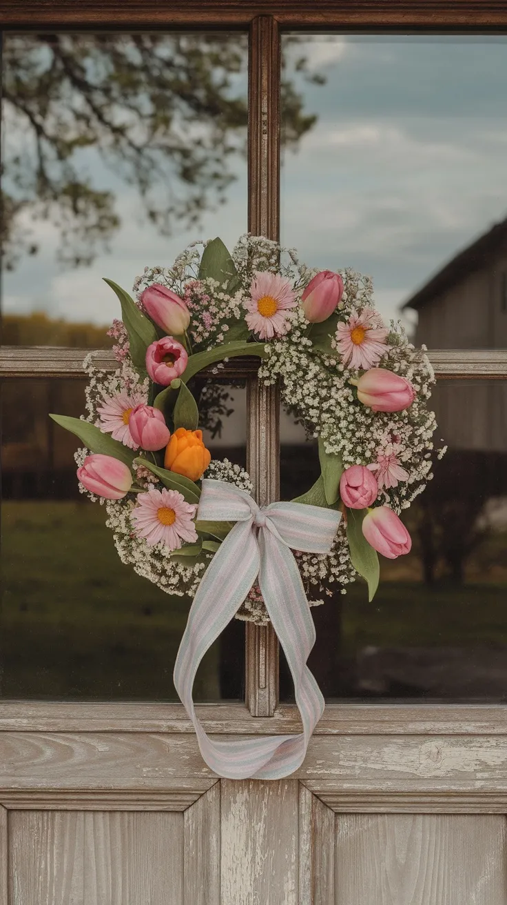 Floral wreath featuring tulips, daisies, and baby’s breath, hanging on a wooden door