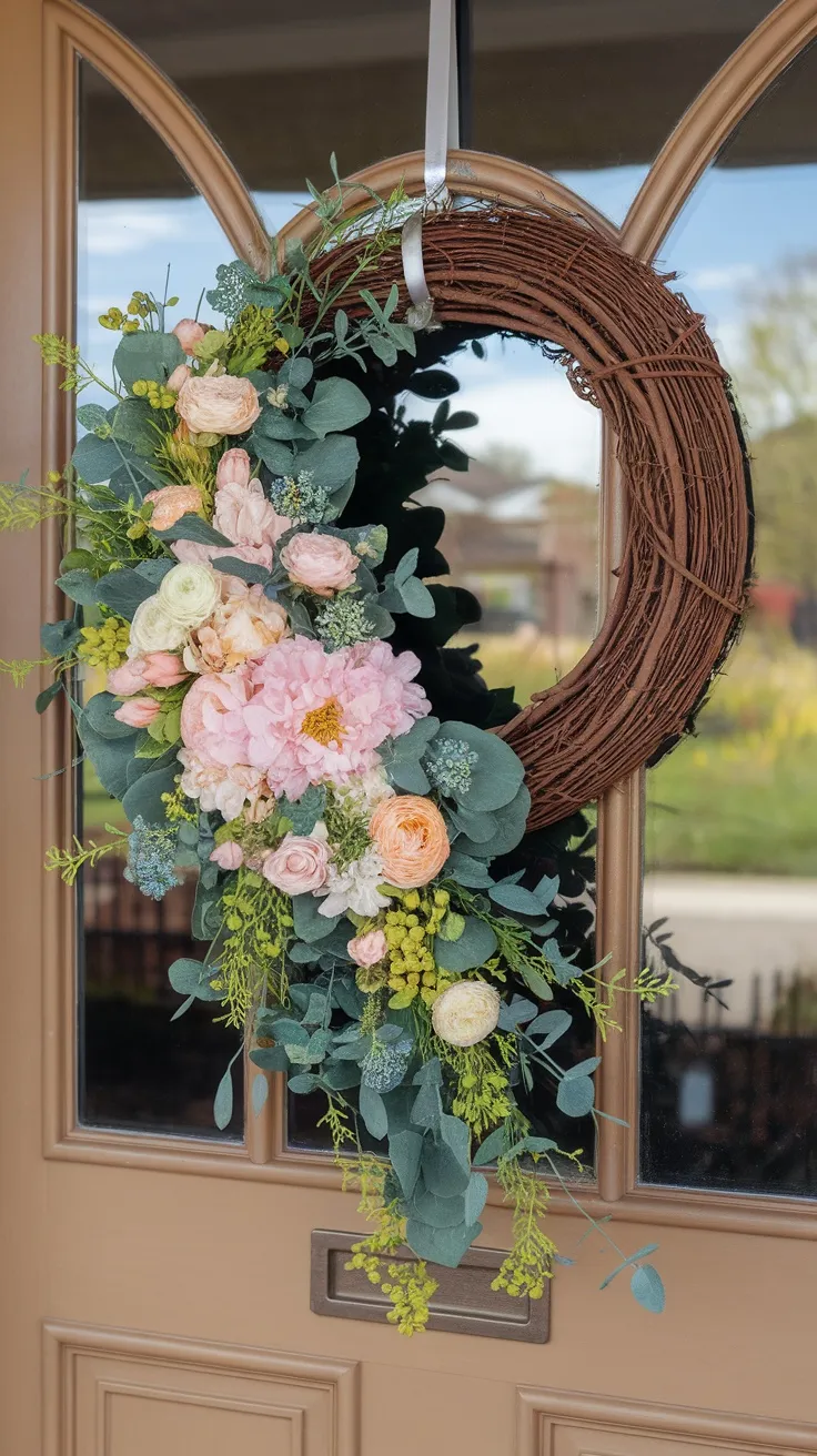 A grapevine wreath decorated with soft spring flowers and greenery, hanging on a front door.