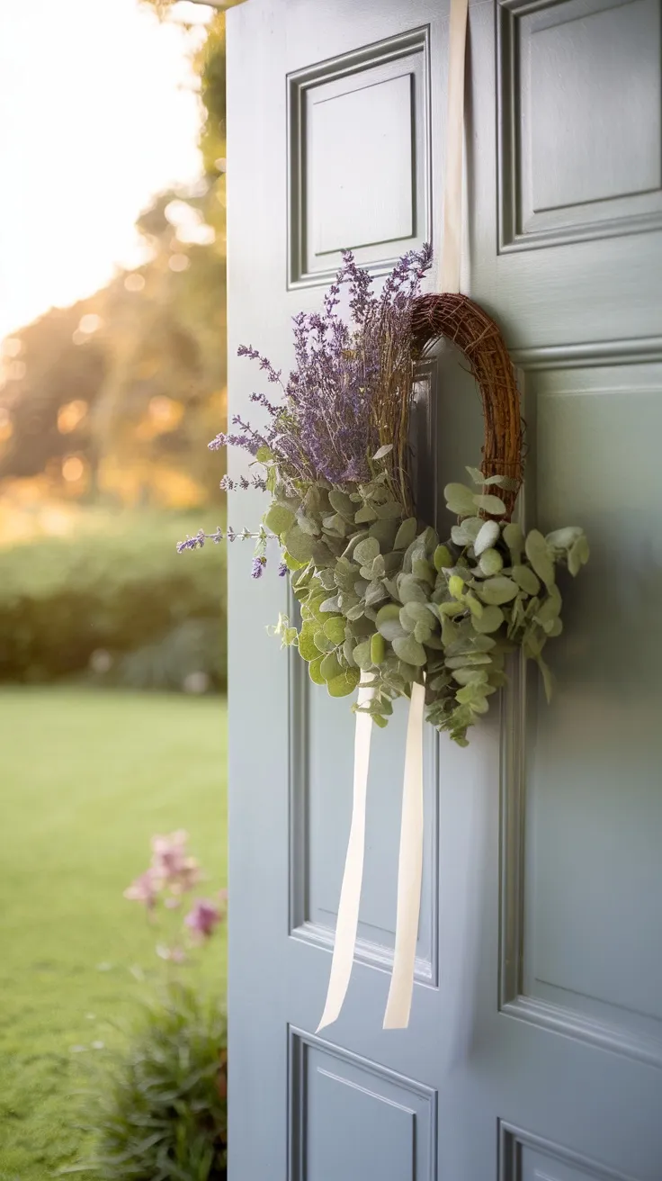 A lavender and eucalyptus wreath hanging on a blue front door