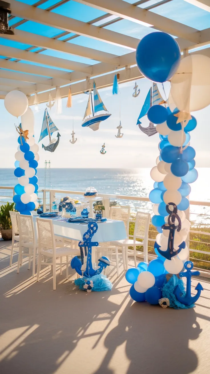 A beautifully decorated nautical themed baby shower setup with blue and white colors, featuring anchors, sailboats, and balloons.