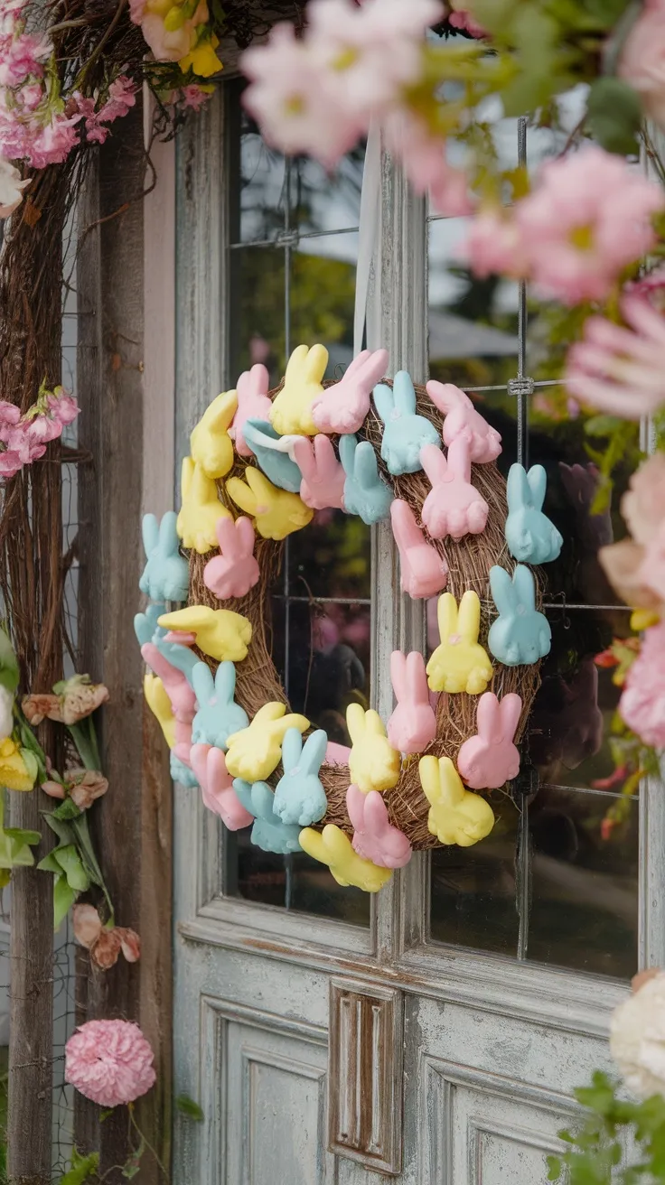 A colorful Peeps-themed wreath with pastel marshmallow bunny shapes on a wooden door.