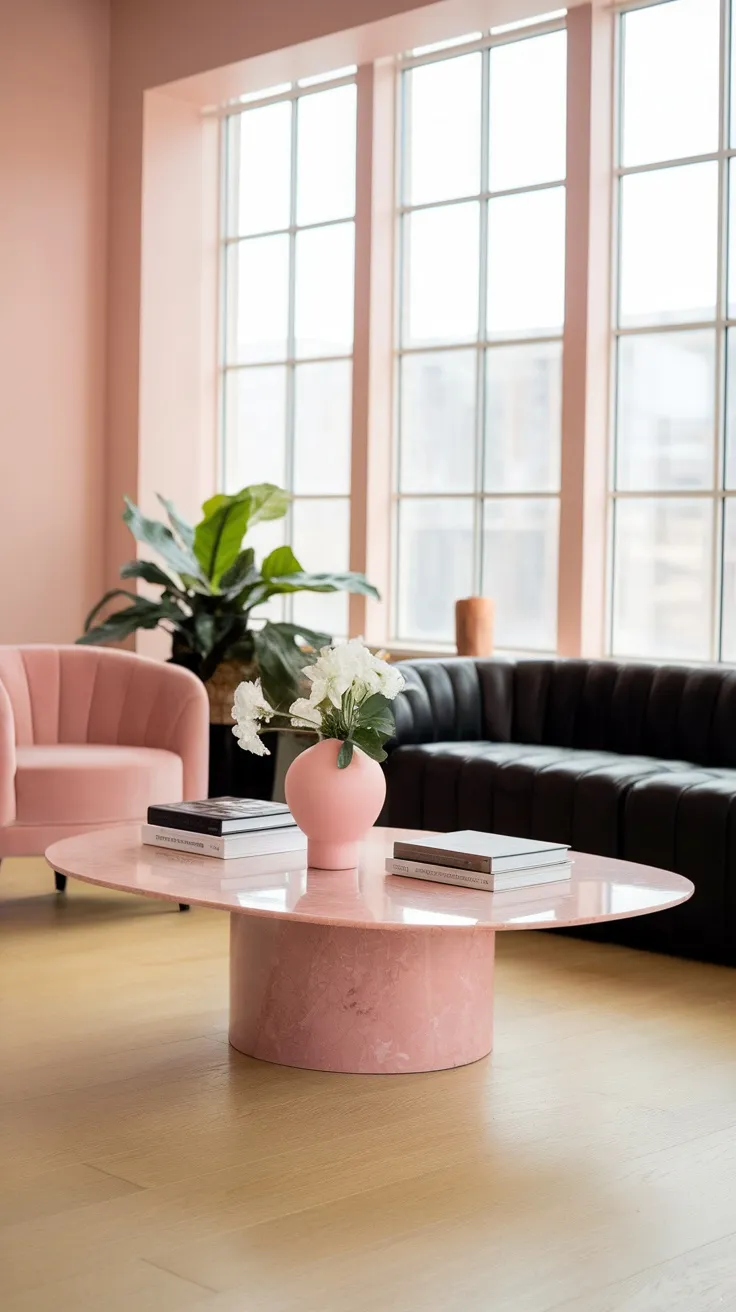 A pink marble coffee table in a modern living room with pink and black sofas and greenery