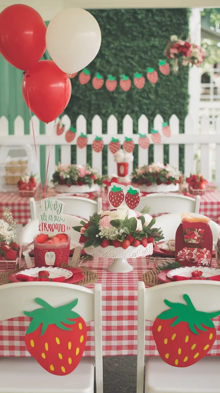 A beautifully decorated table for a strawberry-themed baby shower with red and white decor, featuring strawberries, flowers, and balloons.