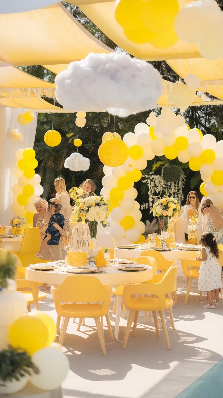 A bright and cheerful baby shower setup featuring yellow and white decor, with balloons and flowers, creating a sunny and playful atmosphere.