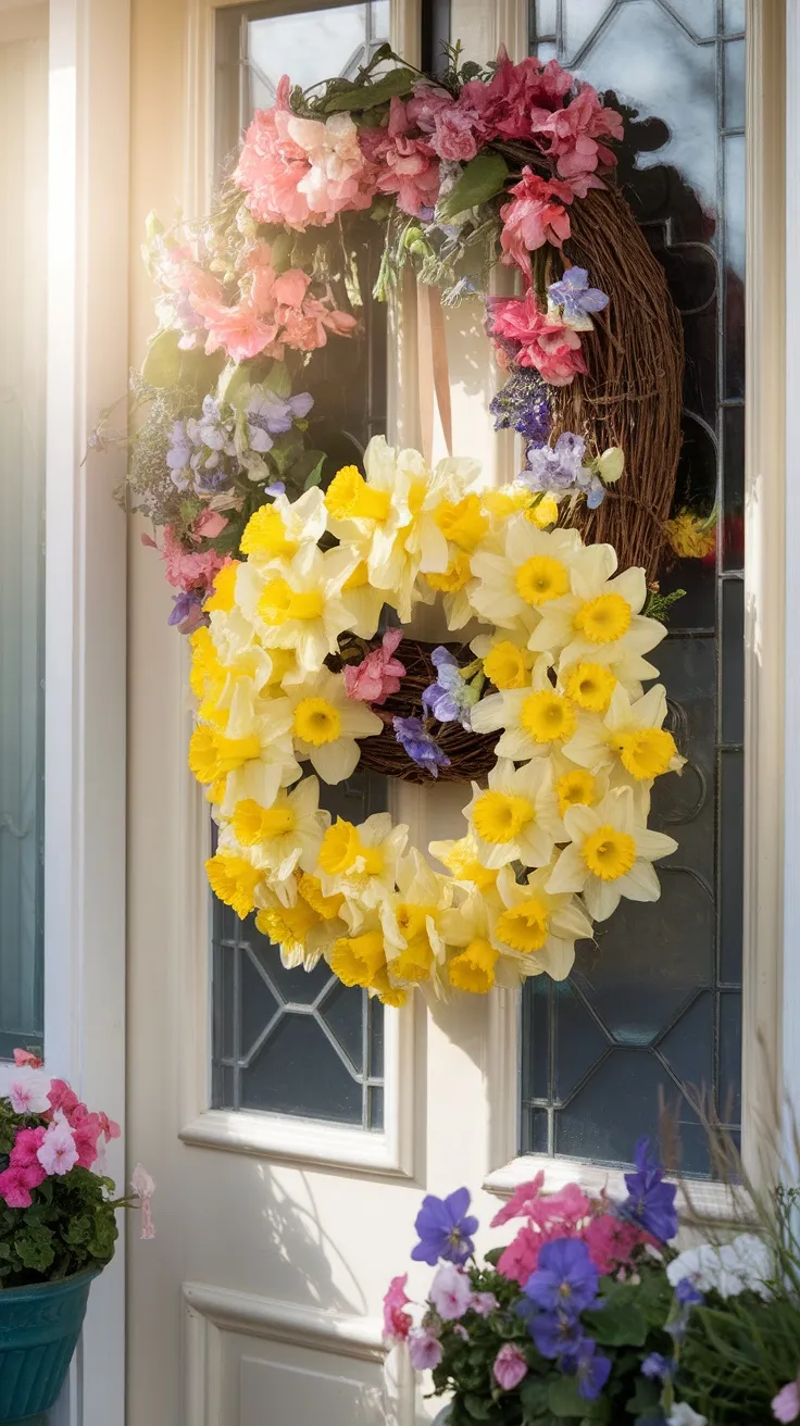 A bright yellow and white daffodil wreath hanging on a door, surrounded by colorful potted flowers
