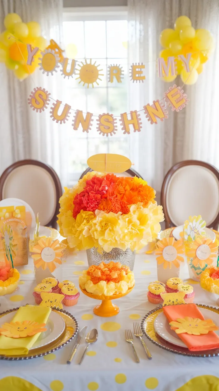 A baby shower table decorated in a 'You Are My Sunshine' theme featuring sunny colors and cute details.