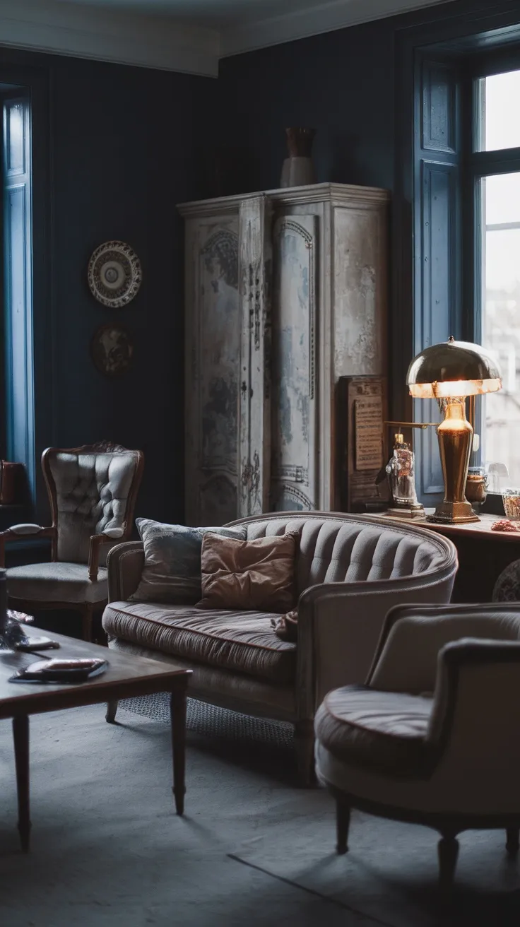 A moody living room featuring antique and distressed wood elements.