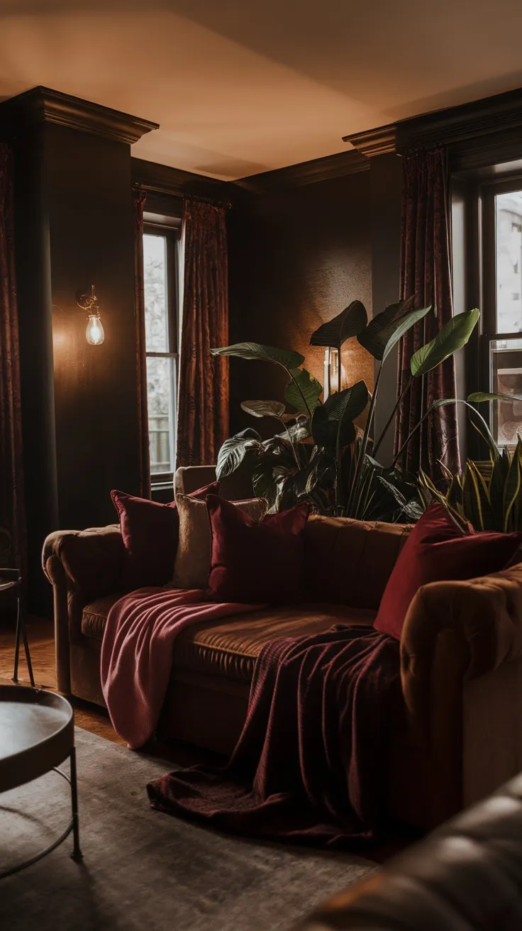 A cozy living room with deep-colored throw pillows and blankets on a brown sofa, surrounded by plants and warm lighting.