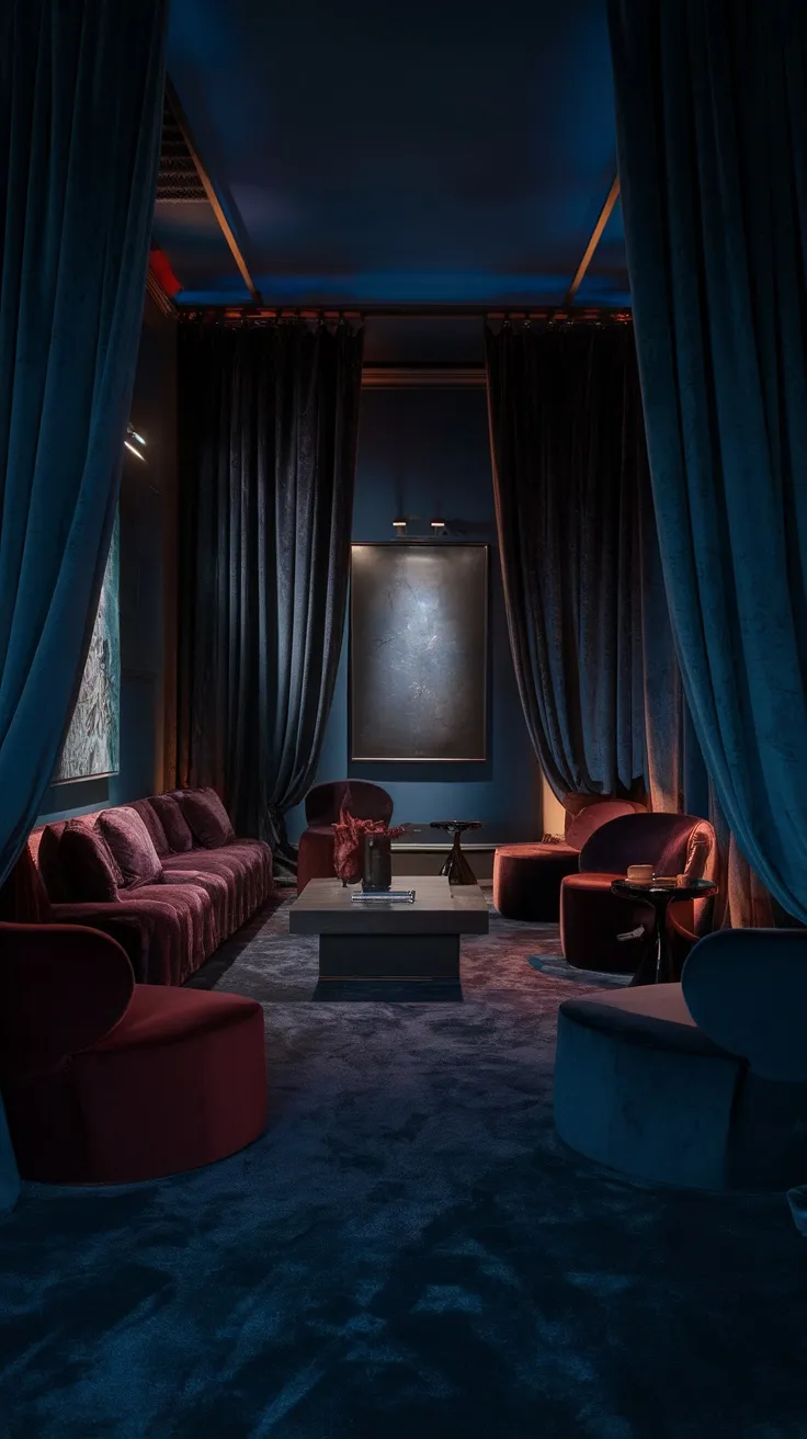 A dark moody living room features floor-to-ceiling curtains in deep hues, plush seating, and a central coffee table.