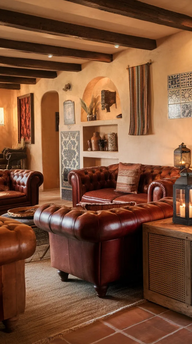 A rustic Spanish style living room with leather sofas and wooden furniture.