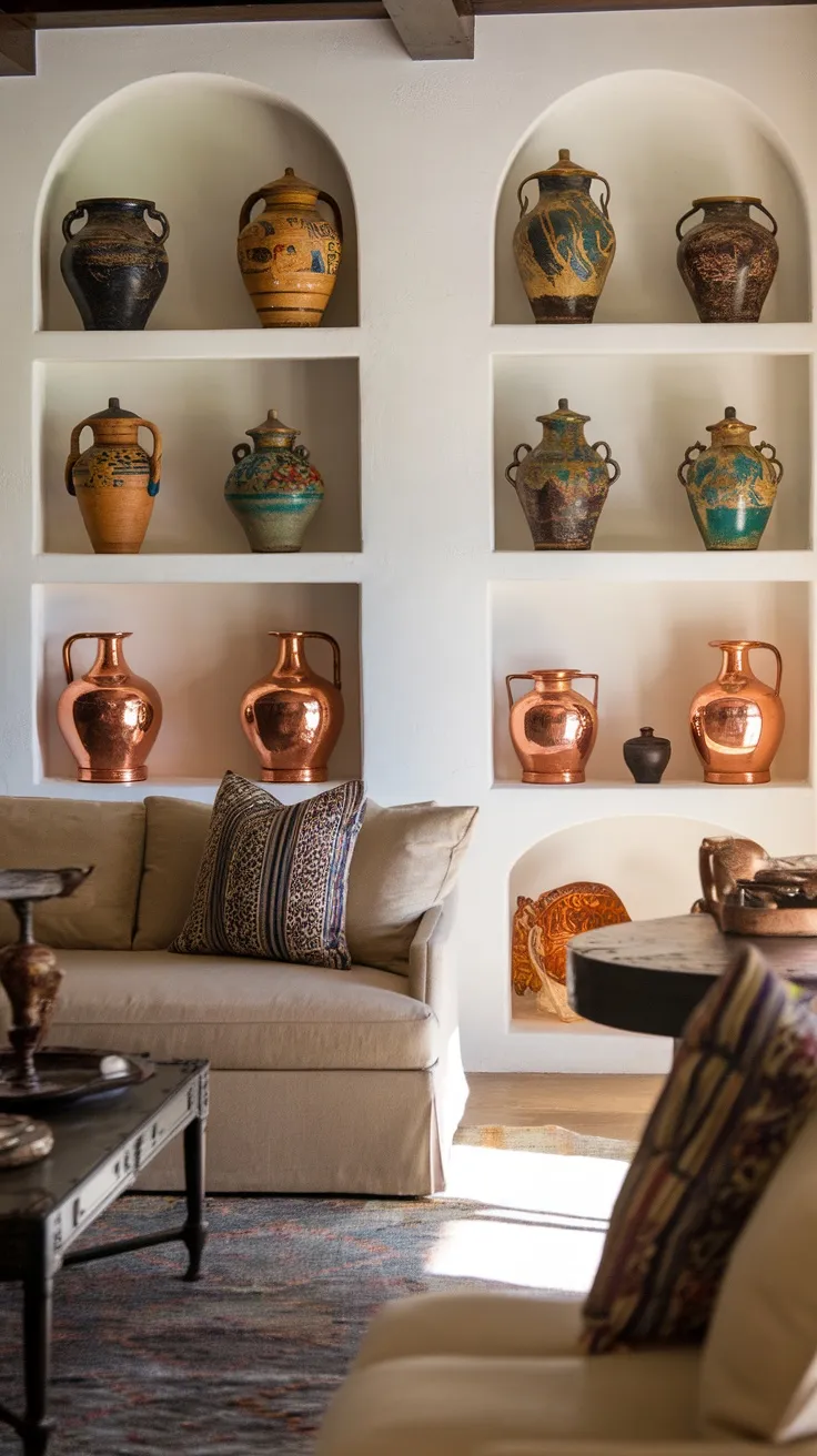 A cozy Spanish-style living room featuring open shelving showcasing decorative clay and copper pieces.