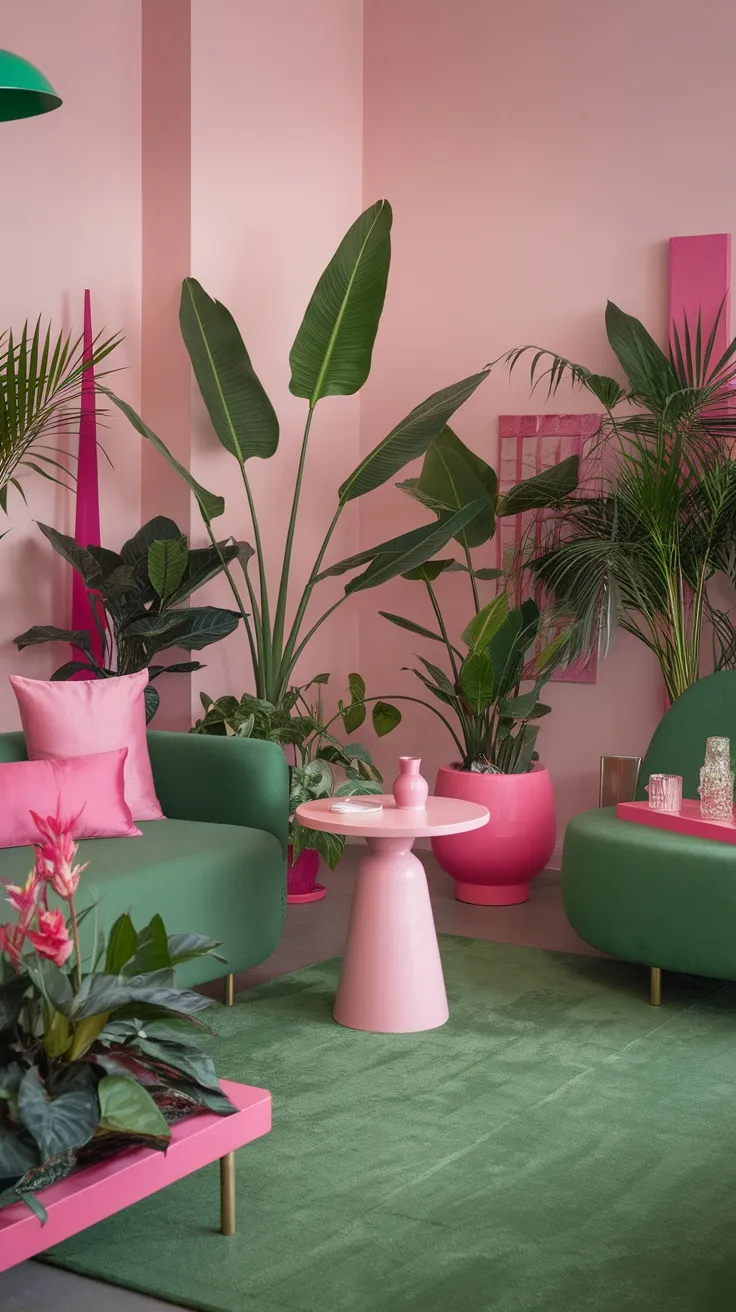 A colorful living room featuring pink walls, green furniture, and various indoor plants.