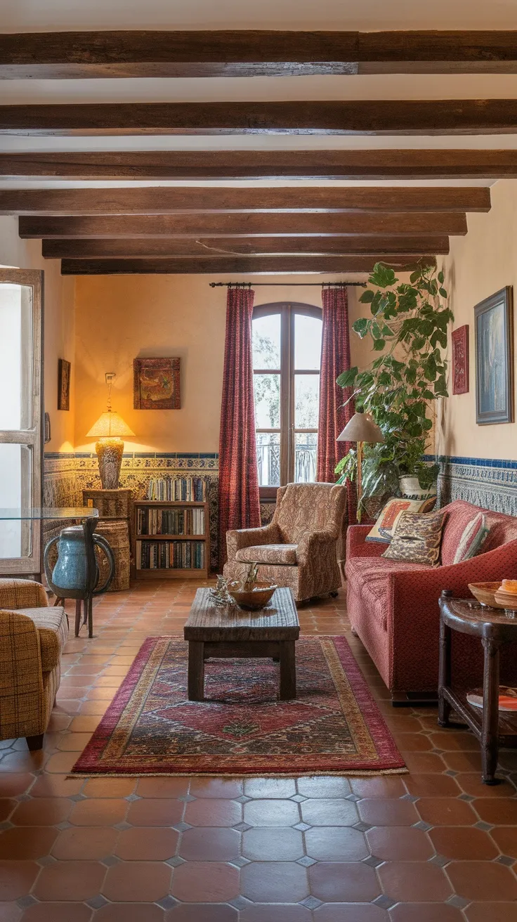 Cozy Spanish-style living room featuring a rich patterned rug, terracotta tiles, and wooden beams.