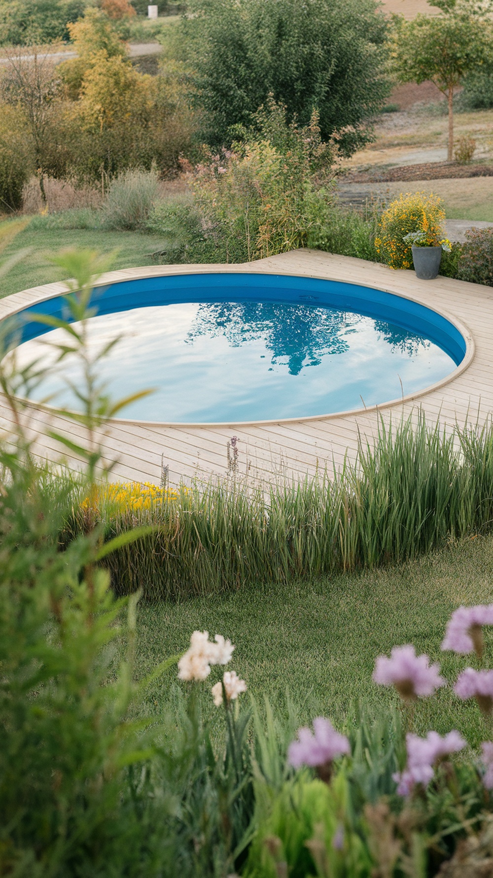Above-ground pool with wooden deck and surrounding greenery