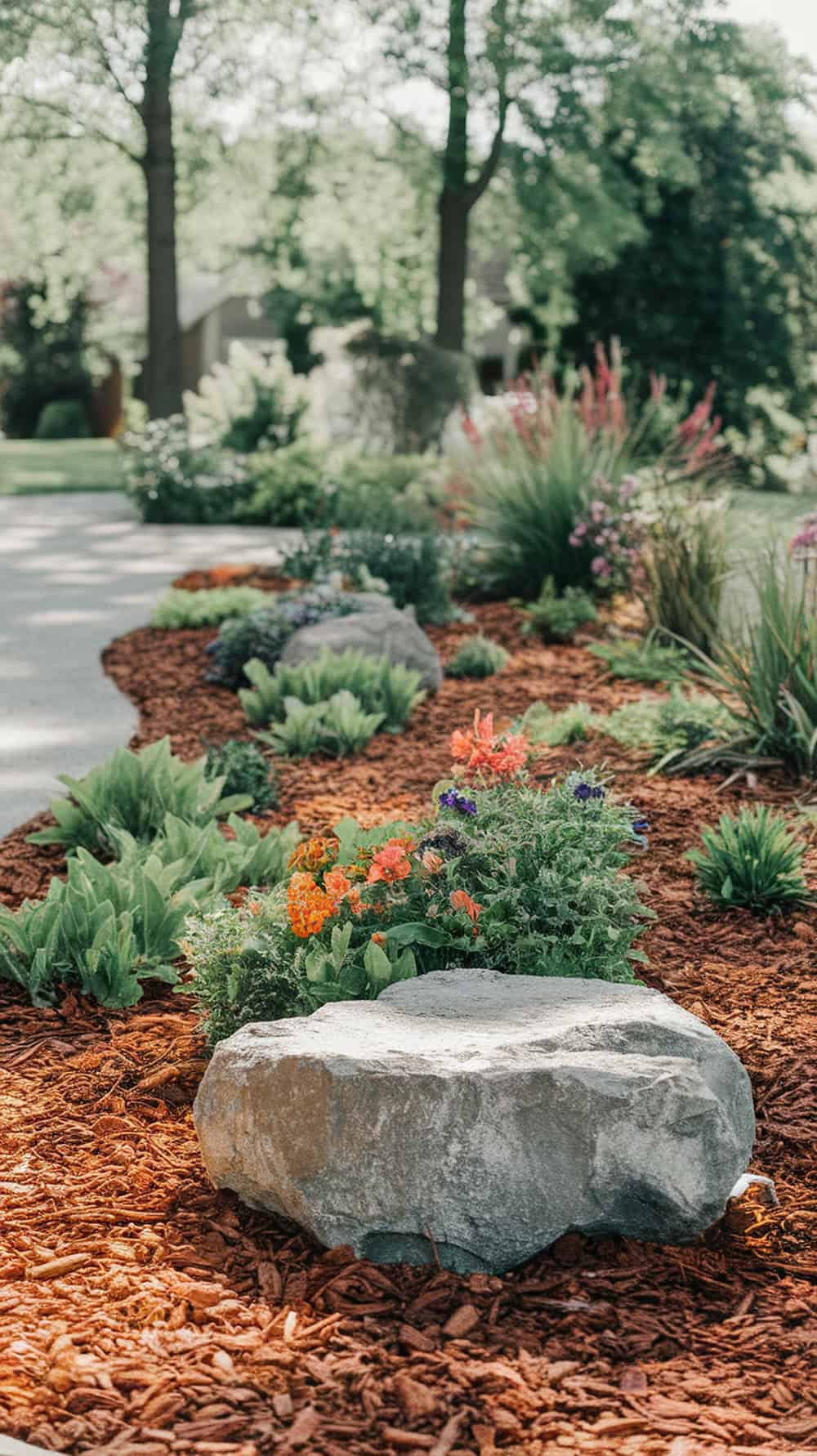 Flower beds with large rocks and colorful flowers