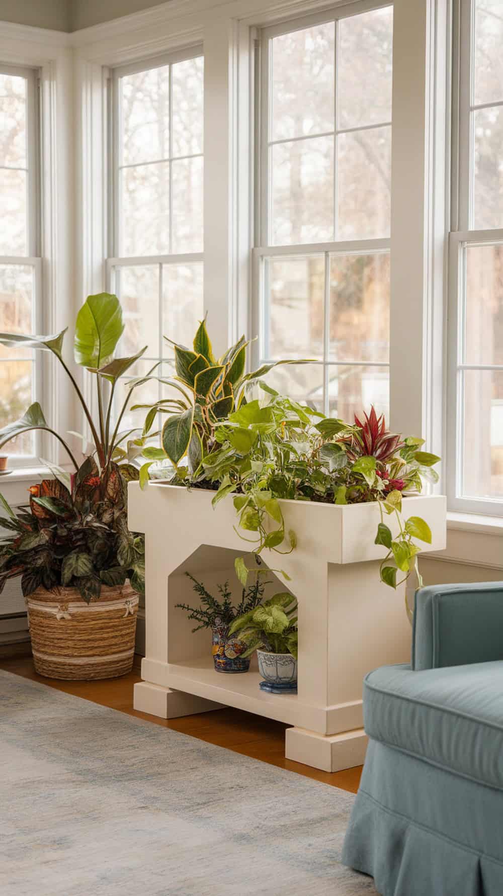 Accent table with built-in planter shelf in a sunroom filled with plants