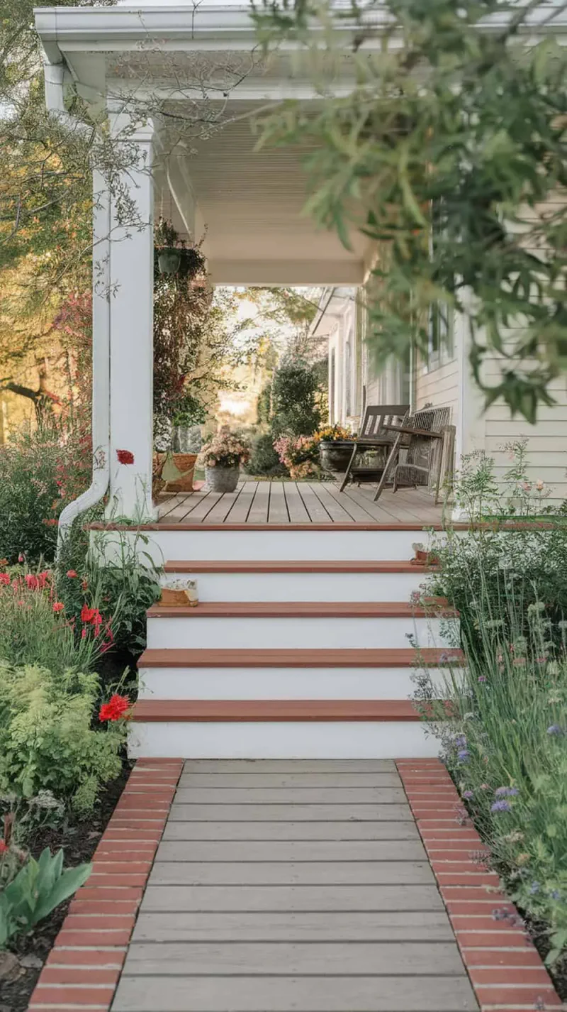 Brick border framing wooden steps leading up to a porch, surrounded by flowers in a garden.