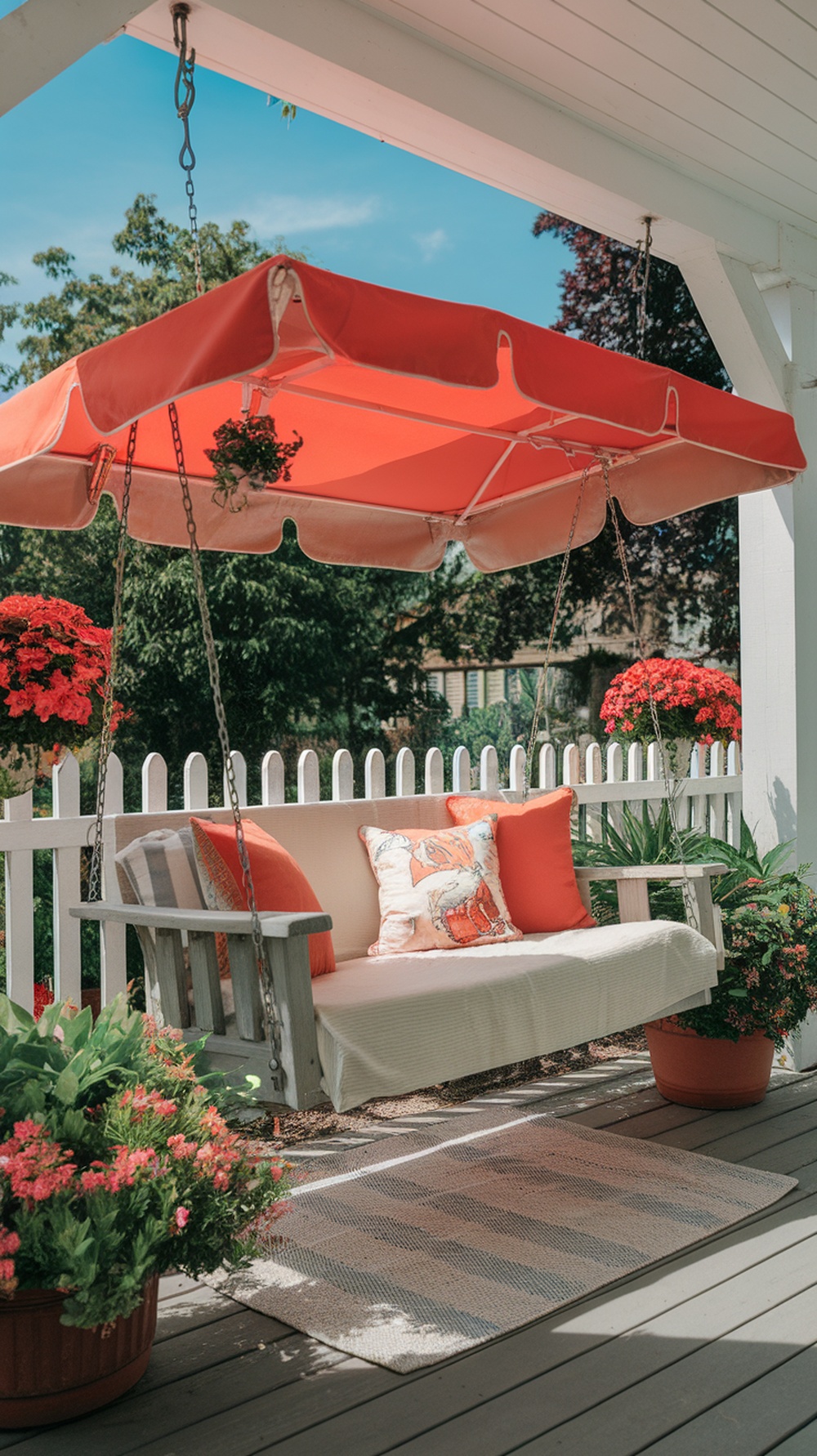 A cozy front porch swing with a red canopy, cushions, and surrounding flowers.