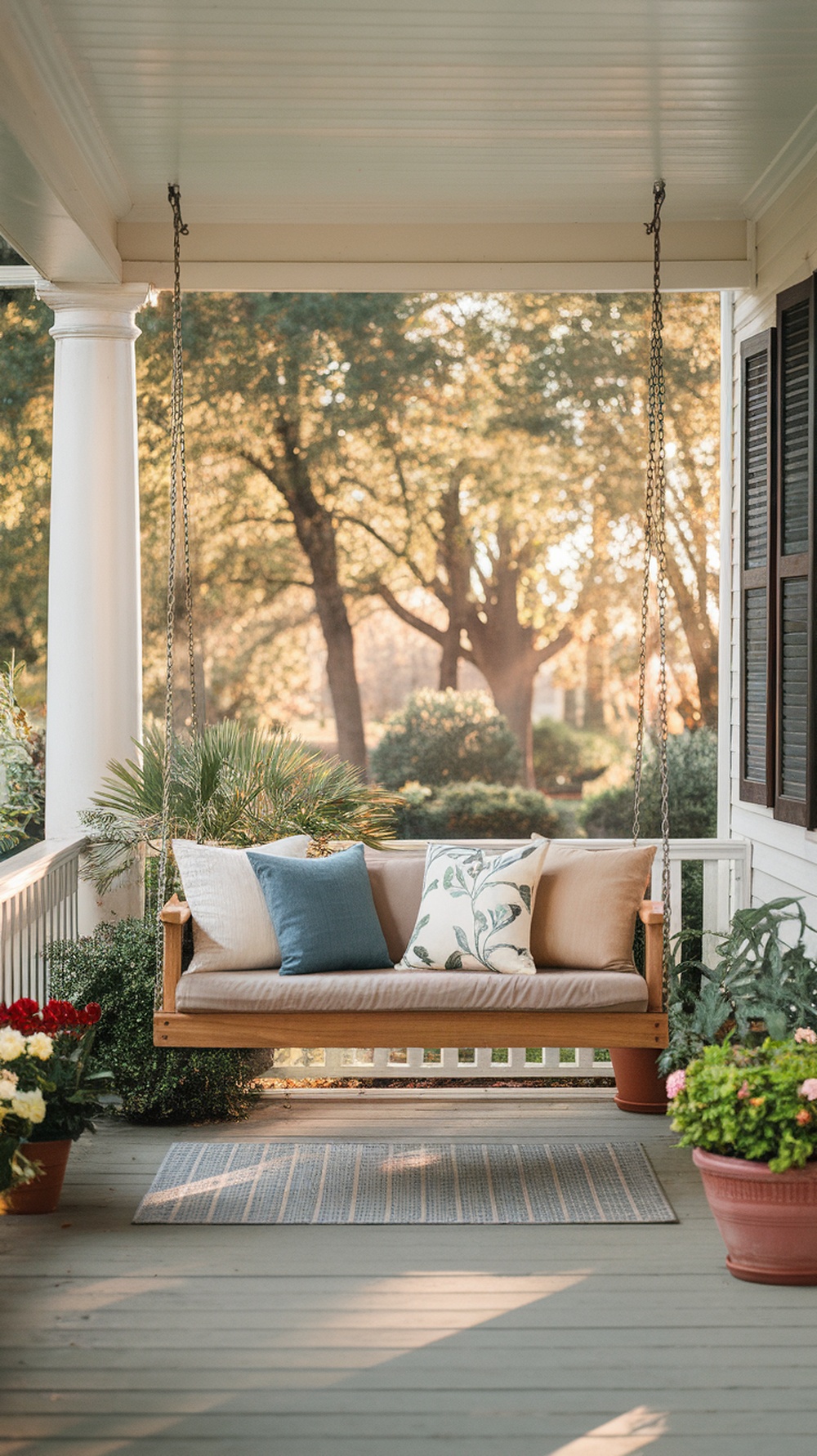 A cozy porch swing with pillows on a wide front porch surrounded by plants.