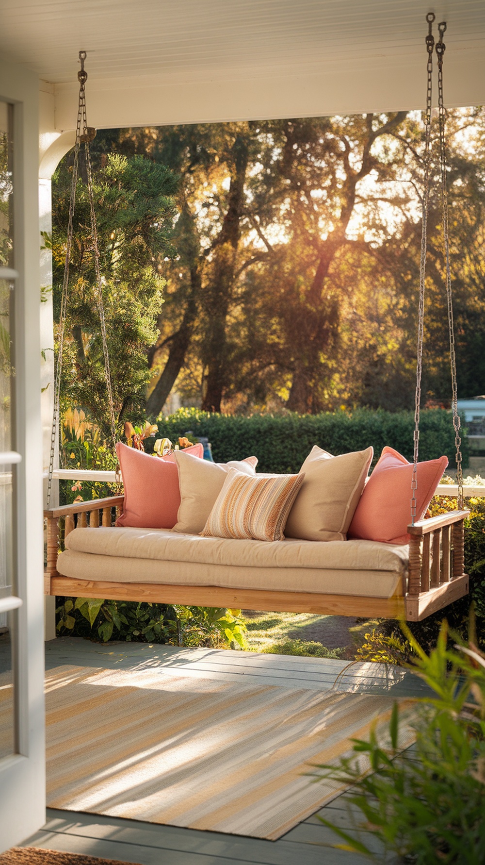 A cozy hanging daybed swing on a porch with soft pillows and a beautiful view.