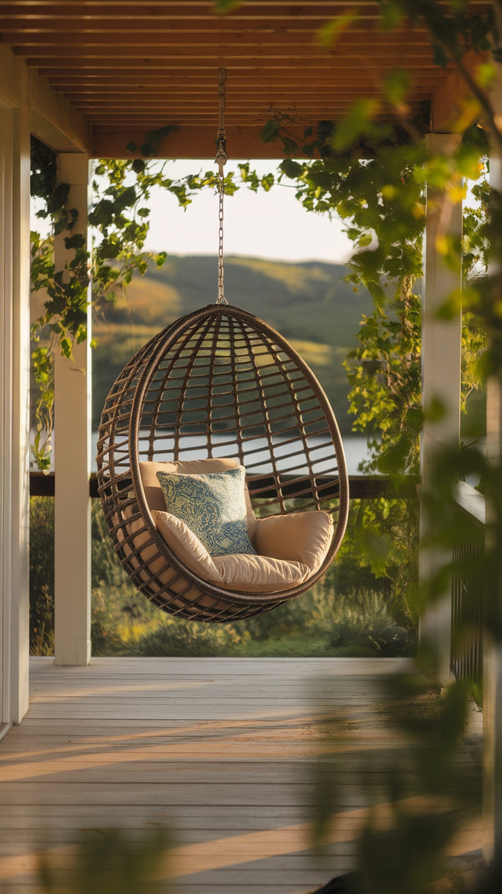 A cozy hanging egg chair on a porch with soft cushions and a scenic view.