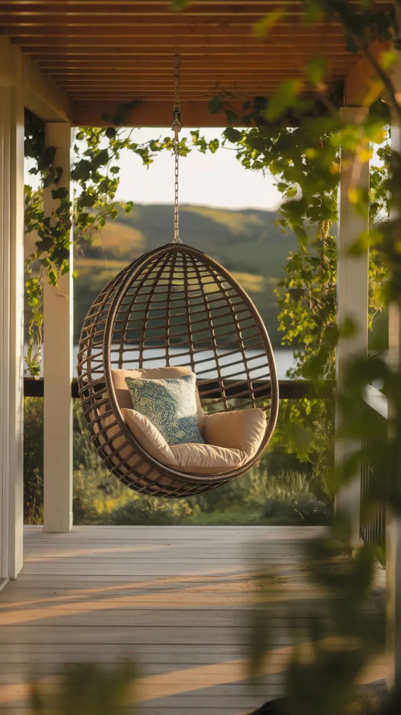 A cozy hanging egg chair on a porch with soft cushions and a scenic view.
