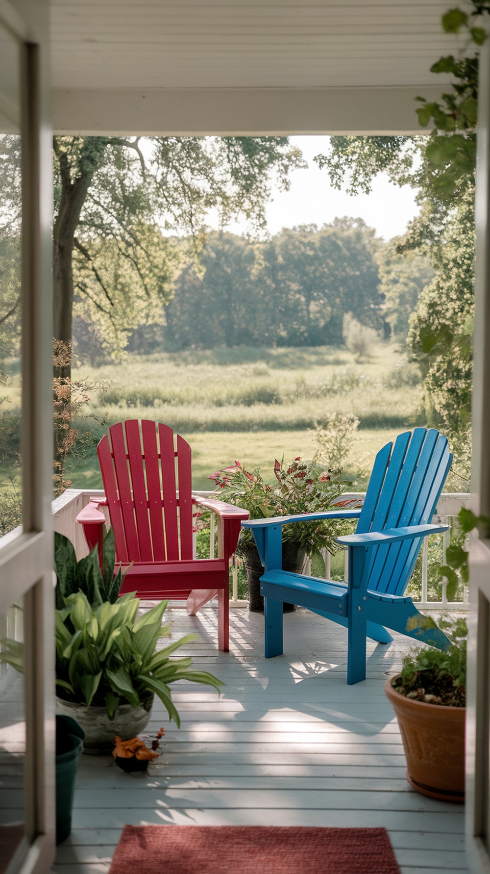A cozy front porch featuring a pair of colorful Adirondack chairs surrounded by plants and a scenic view.