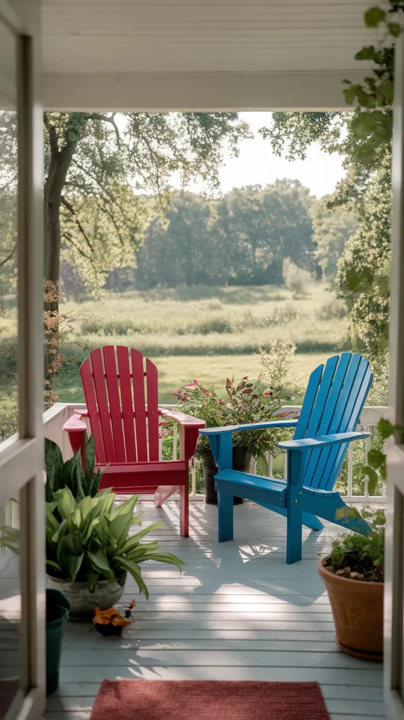 A cozy front porch featuring a pair of colorful Adirondack chairs surrounded by plants and a scenic view.
