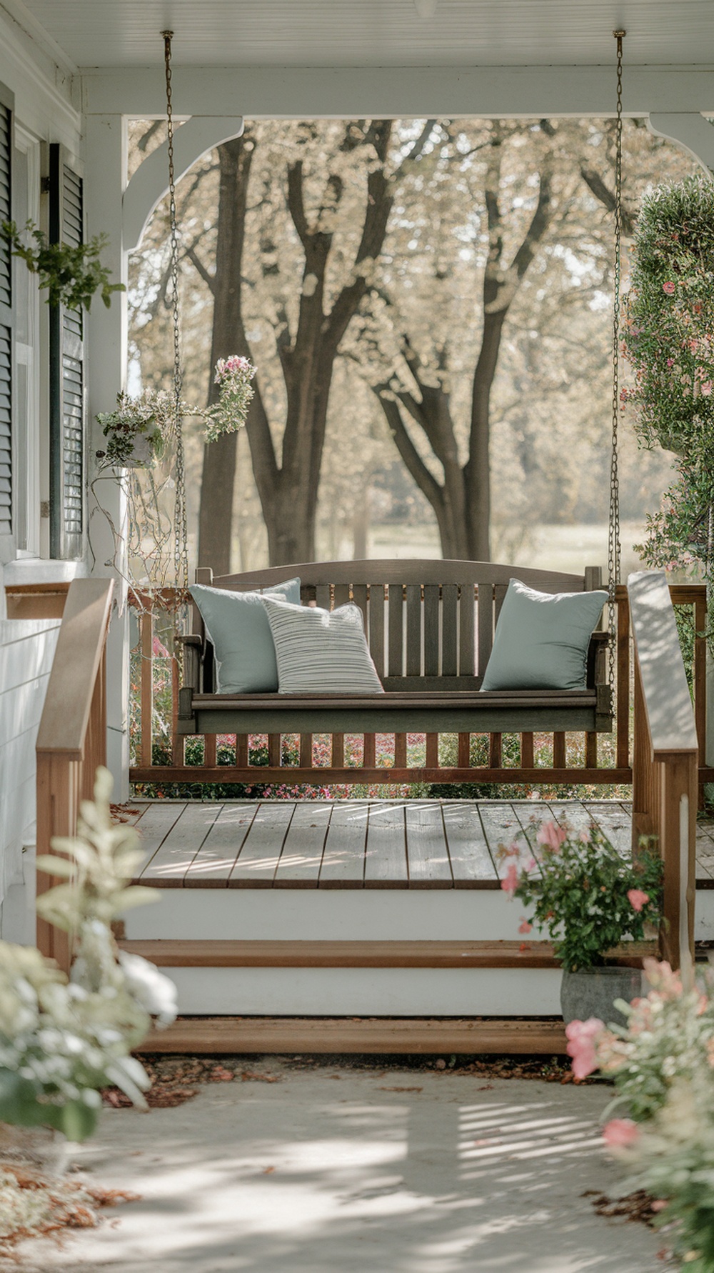 A cozy porch swing with cushions surrounded by flowers and trees.