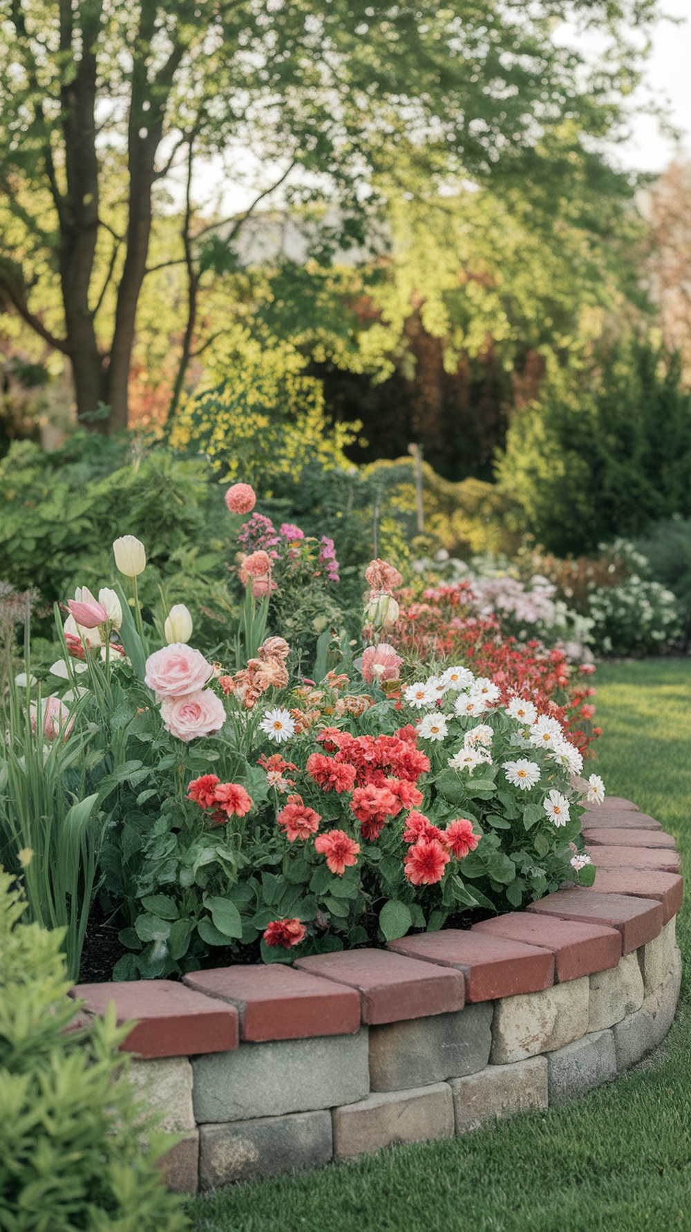 A flower bed with a raised brick border, featuring colorful flowers like roses, daisies, and tulips.