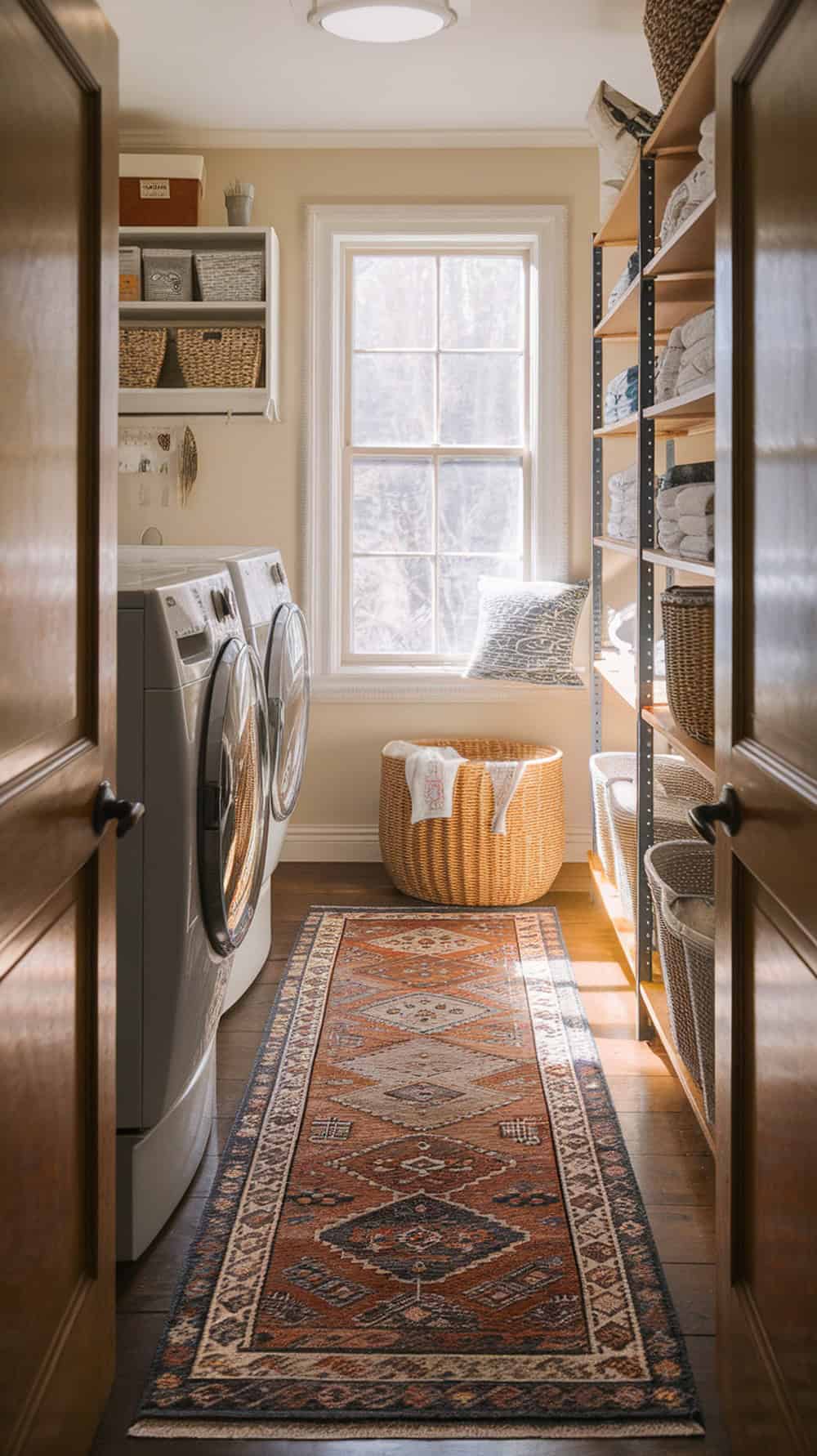 A narrow laundry room with a runner rug, washer, dryer, and shelves