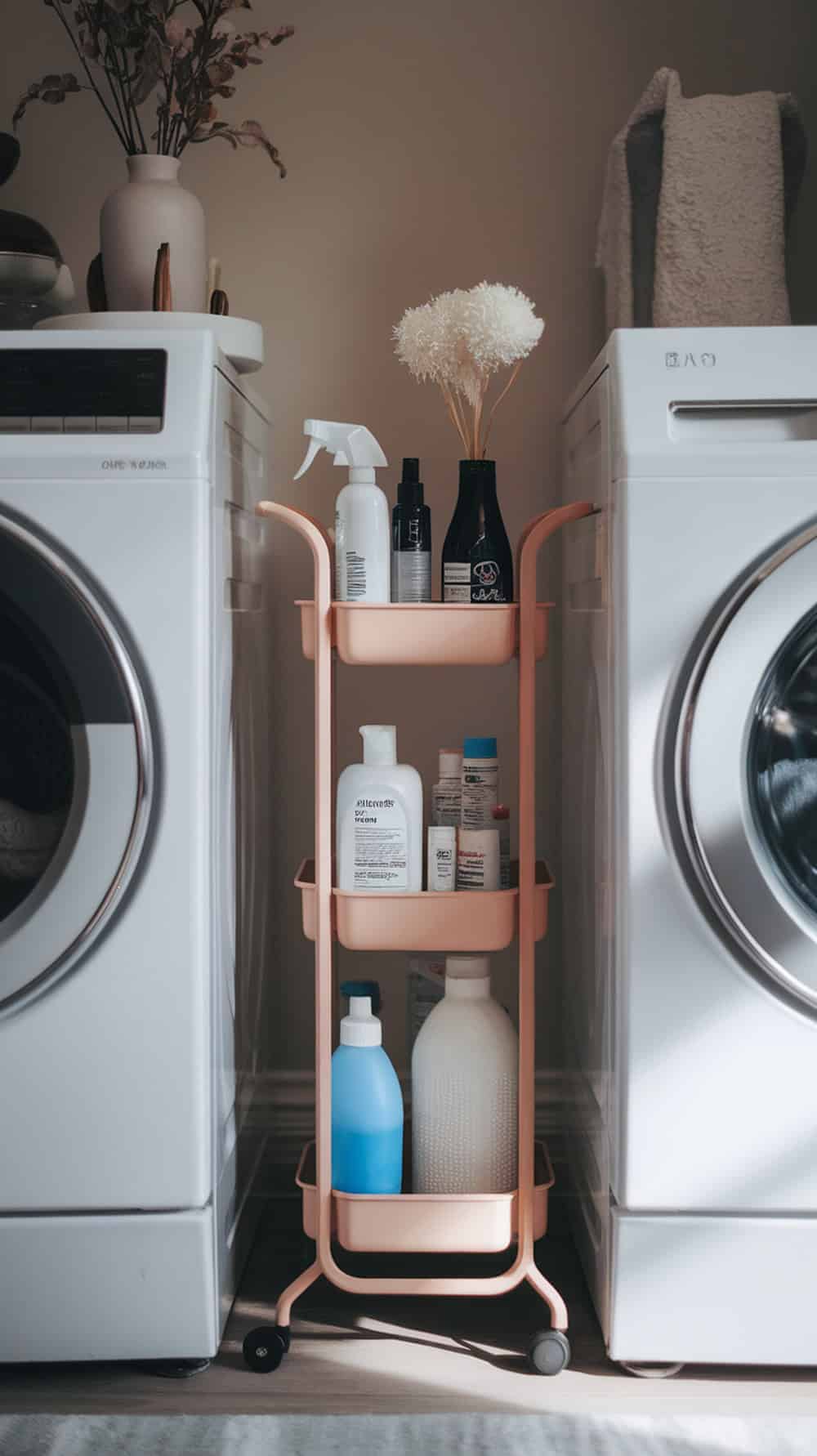 A slim rolling cart with laundry supplies placed between a washer and dryer in a laundry room.