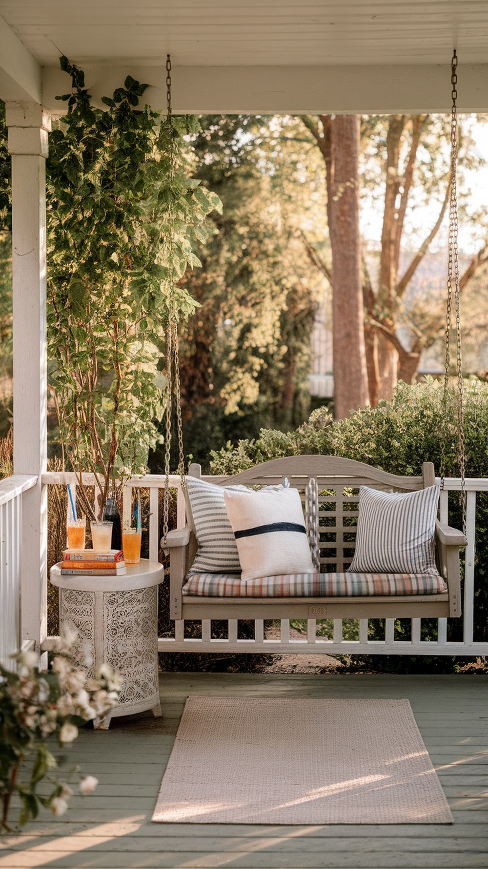Cozy front porch swing with a small side table holding drinks and books