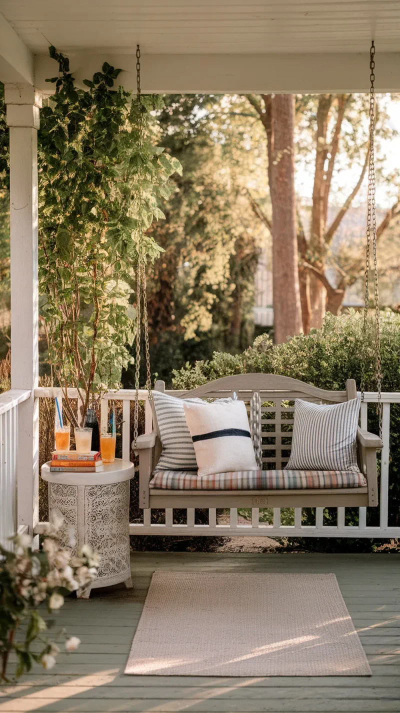 Cozy front porch swing with a small side table holding drinks and books