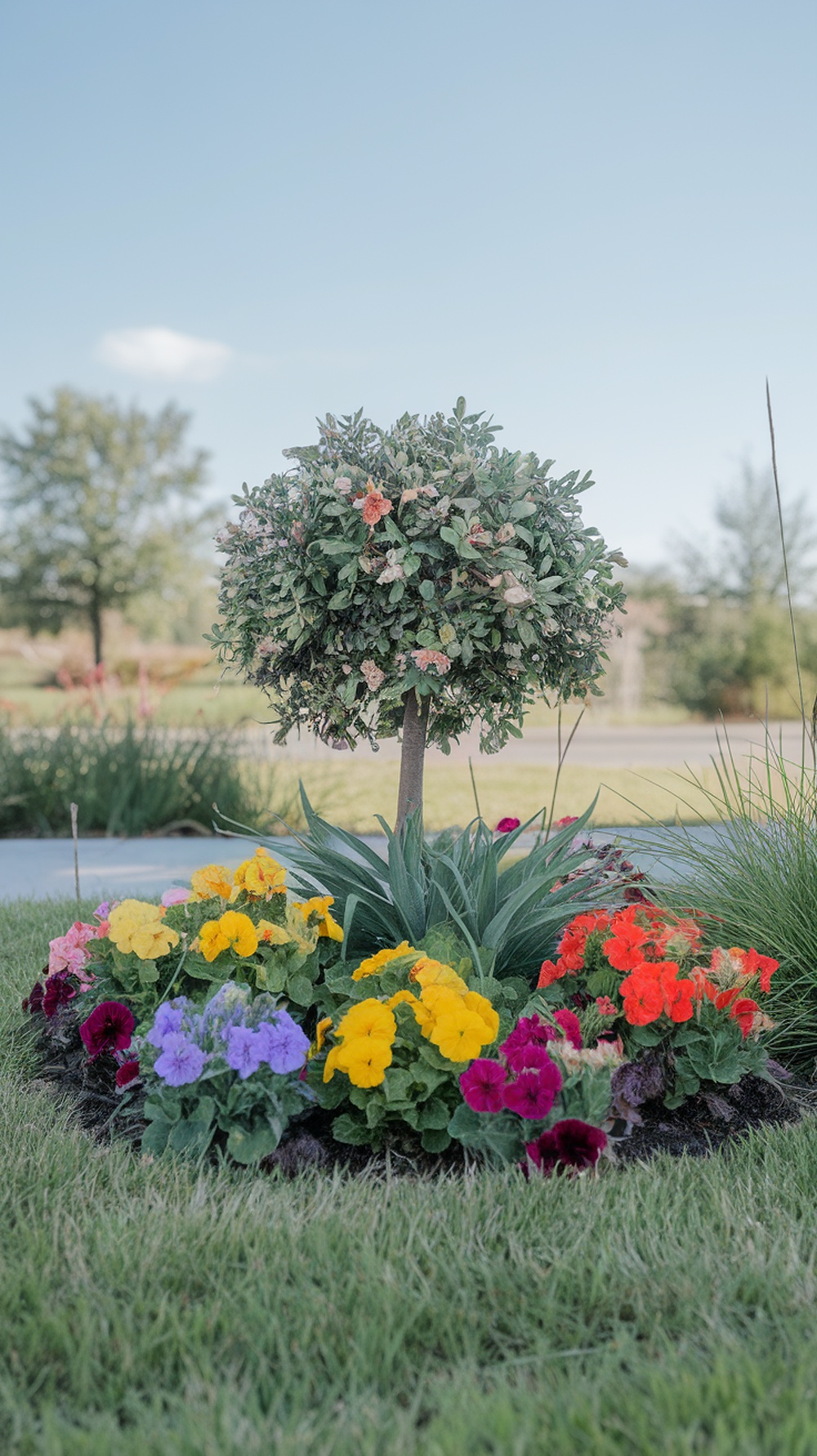 A small tree surrounded by colorful flowers in a landscaped front yard.