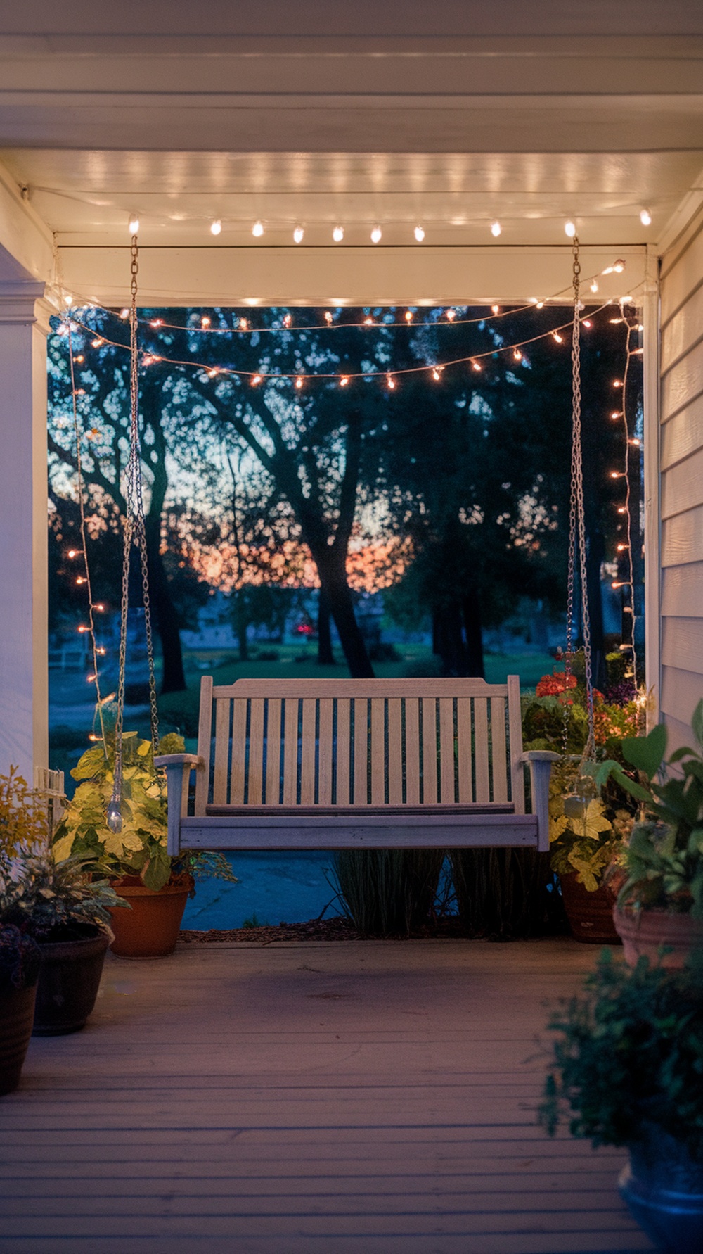 A cozy front porch swing illuminated by a string of lights, surrounded by potted plants.