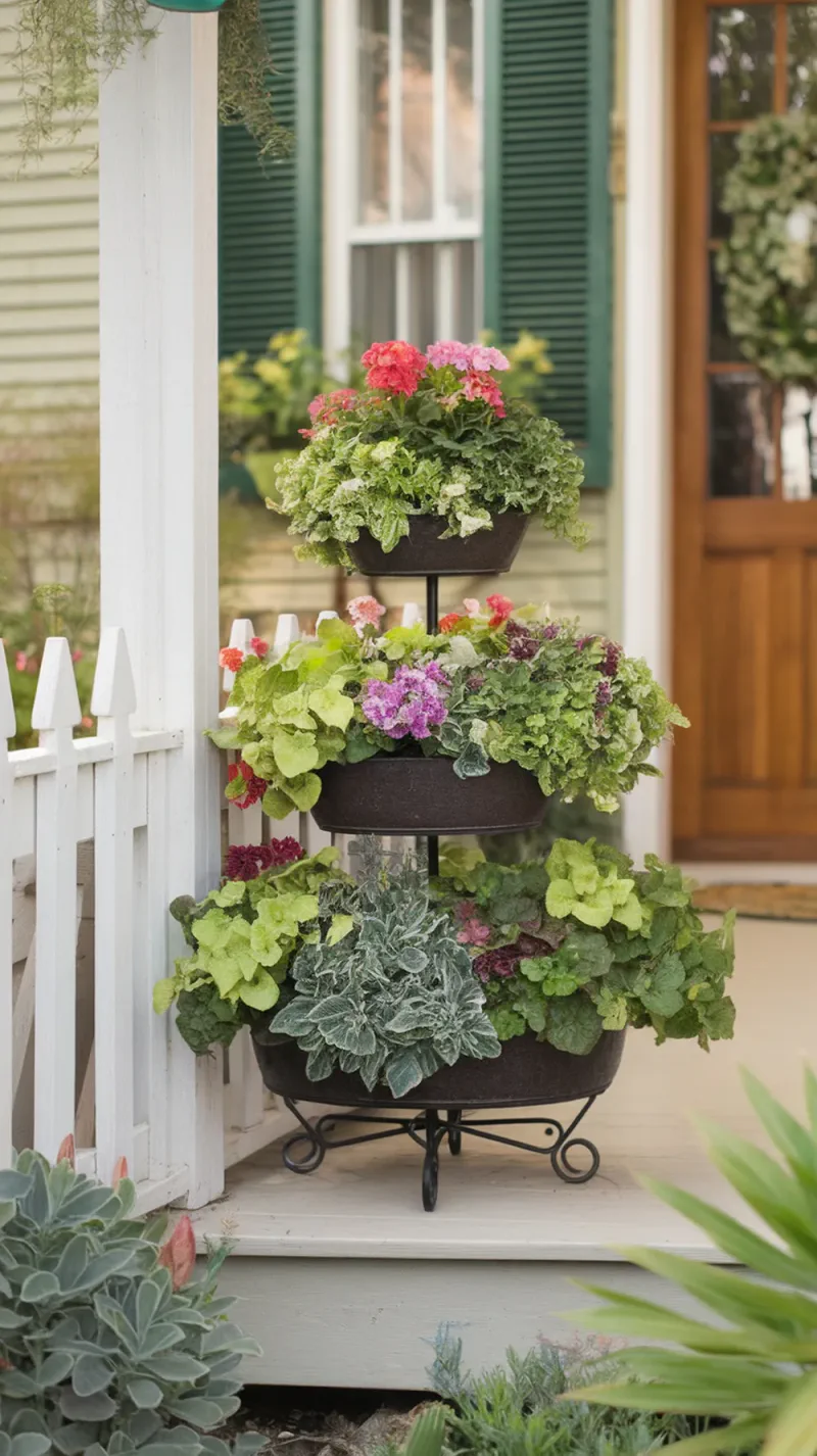 A three-tiered plant stand filled with colorful flowers and green plants on a porch.