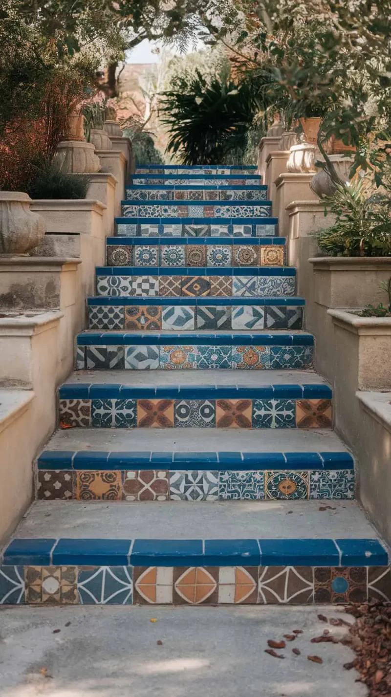 Concrete steps with colorful tile overlay, showcasing various patterns and textures.