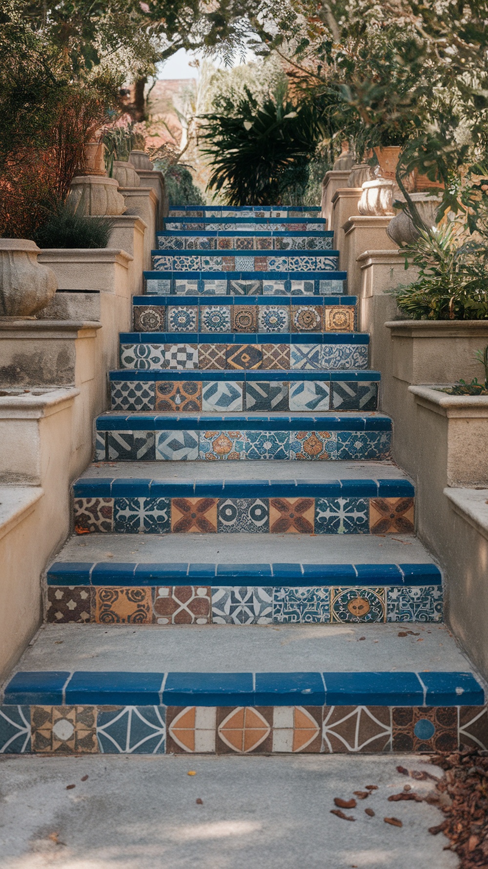 Concrete steps with colorful tile overlay, showcasing various patterns and textures.