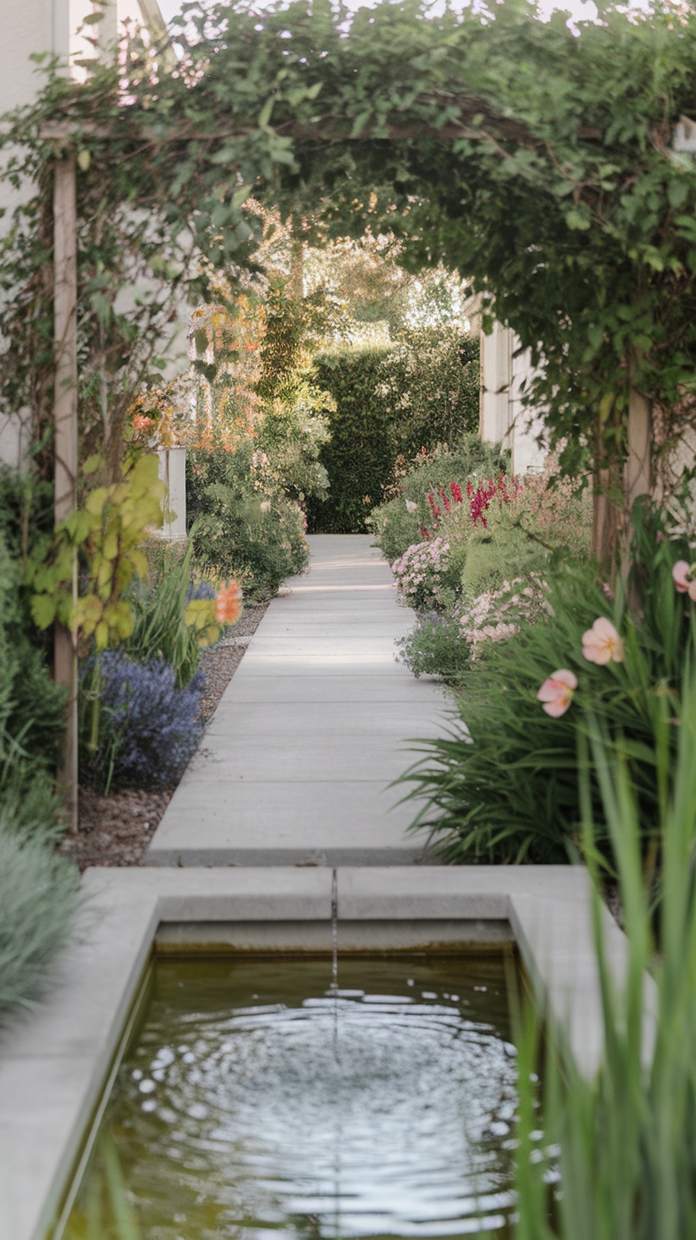 A walkway surrounded by plants and flowers, featuring a water feature alongside the path.