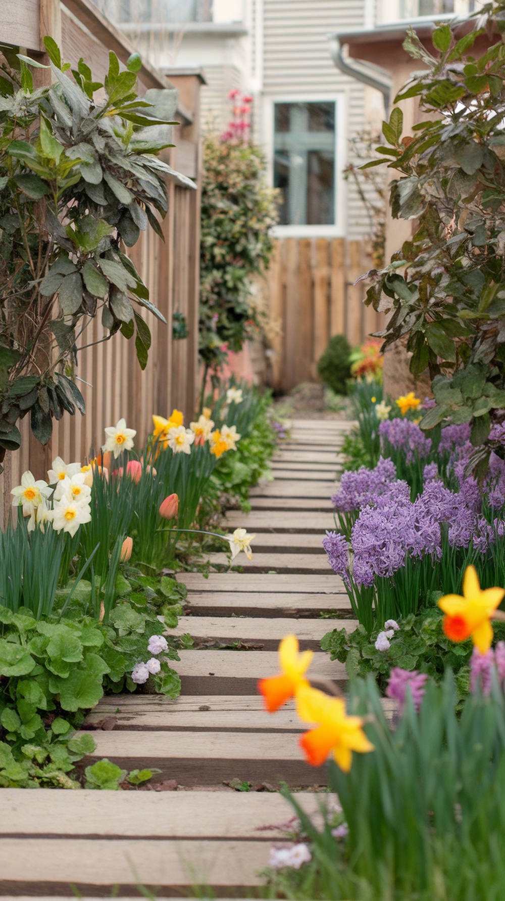 Wooden plank walkway surrounded by colorful flowers.