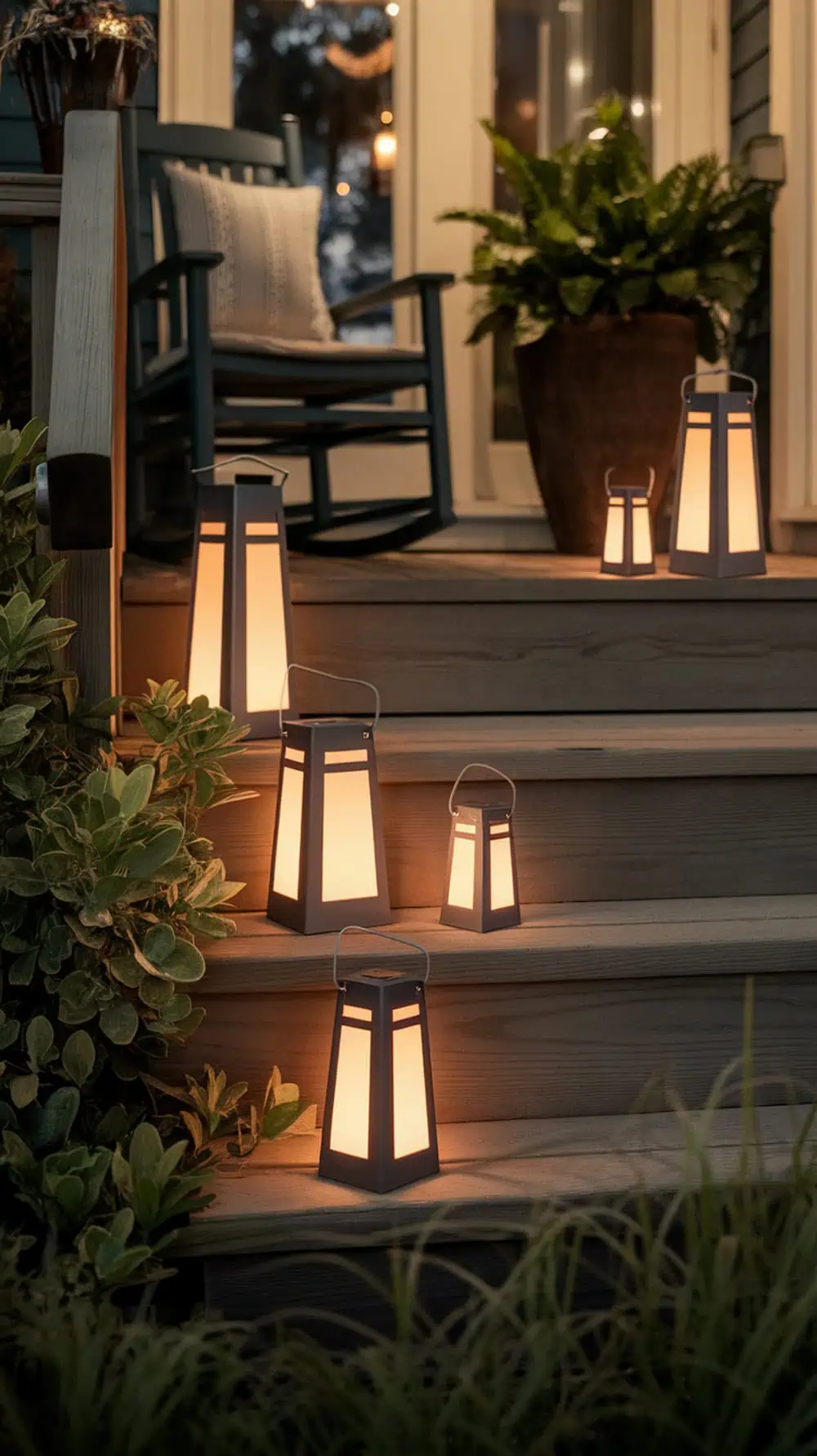A cozy front porch with battery-operated lanterns on the steps, creating a warm glow.