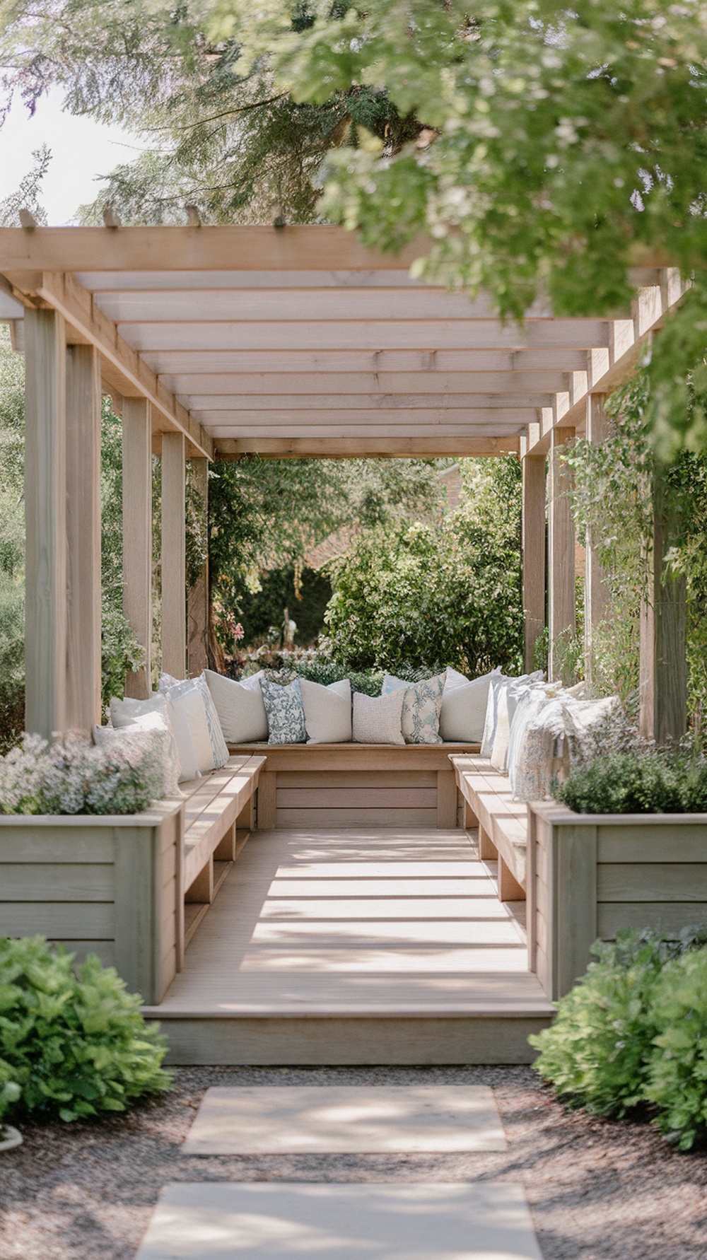 A beautiful pergola with built-in benches and planters, surrounded by greenery.