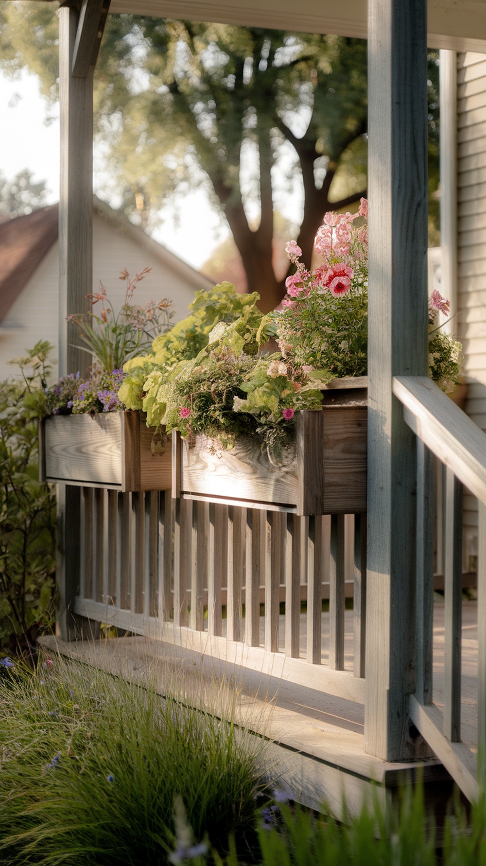 Planter boxes on a porch railing filled with various colorful flowers and greenery