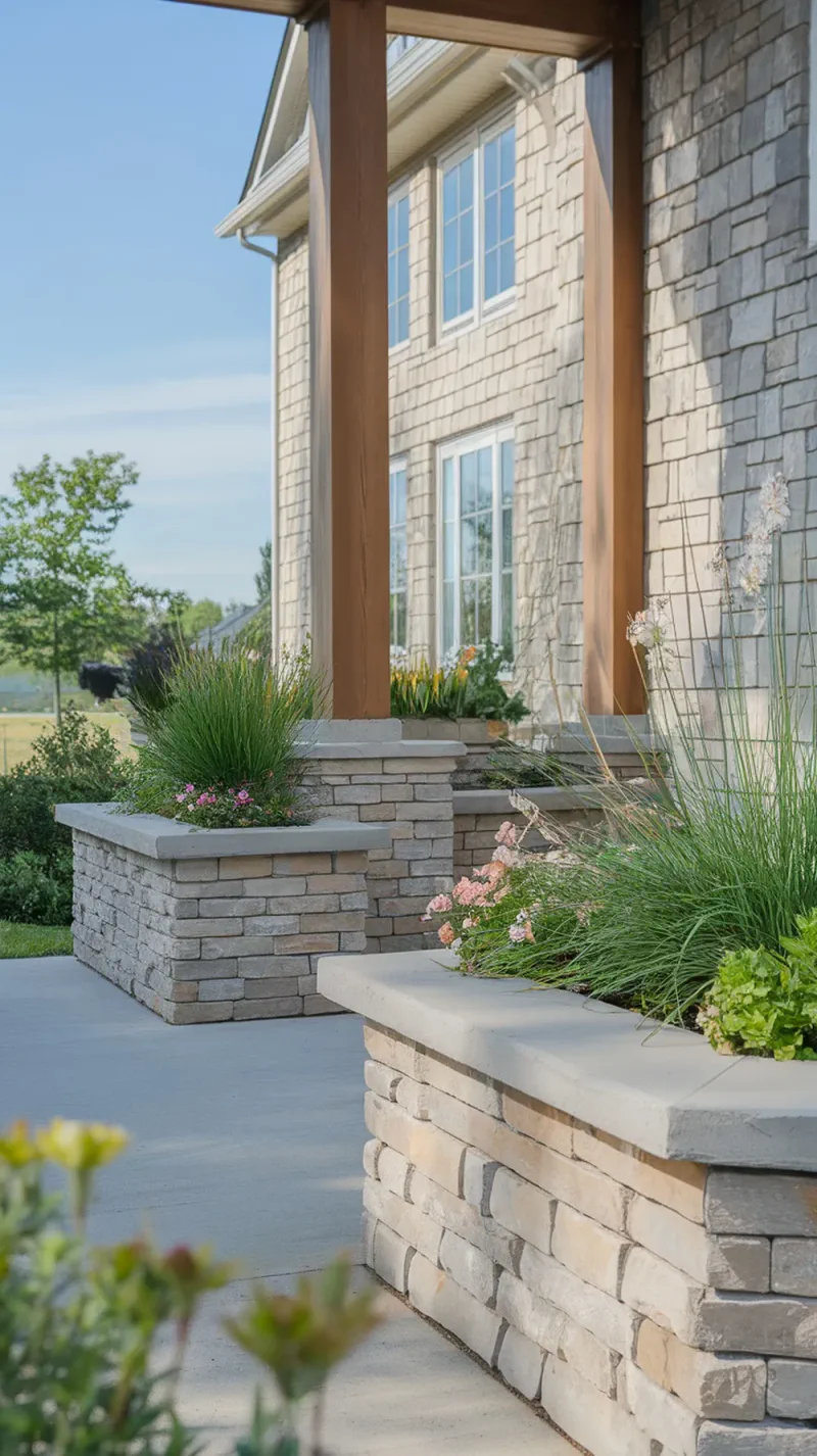 A stone porch with built-in planters featuring stone siding and cedar trim, showcasing plants and flowers.