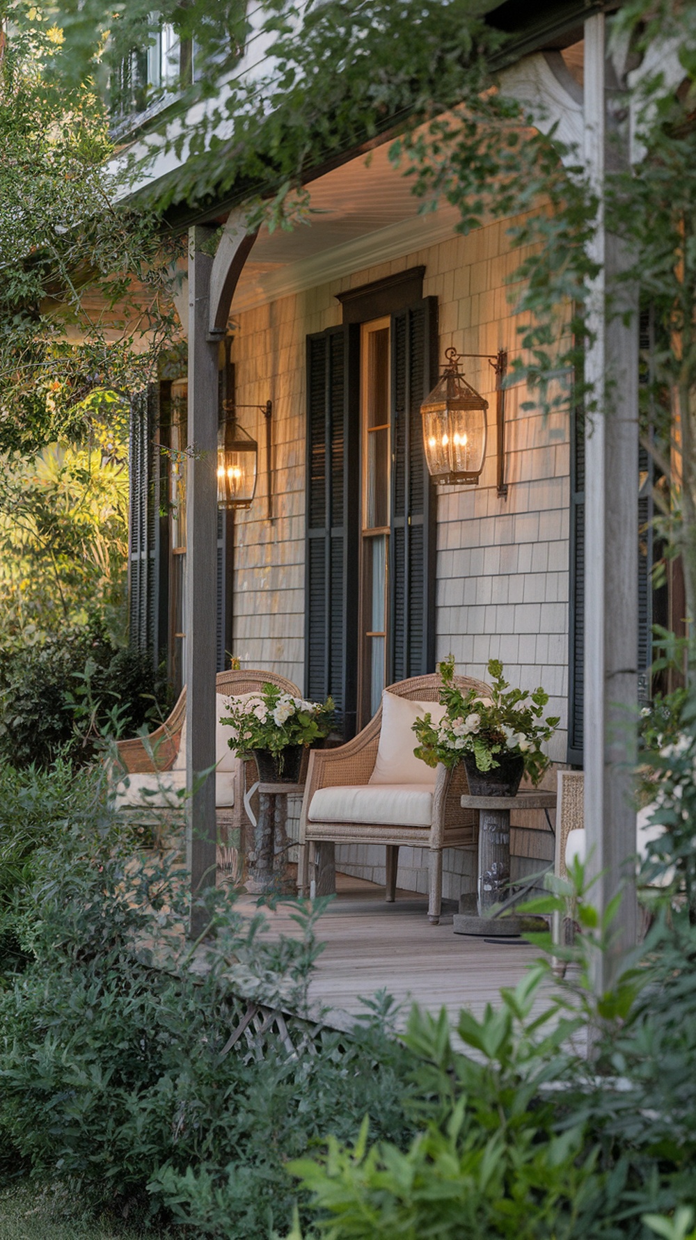 Cozy porch with candle-style wall lights illuminating the space.